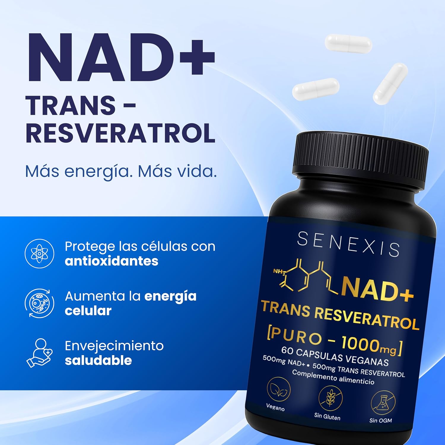 Thumbnail 1 de SENEXIS Nad Resveratrol Puro 1000 mg (60 cápsulas veganas): apoyo de energía celular y cognición