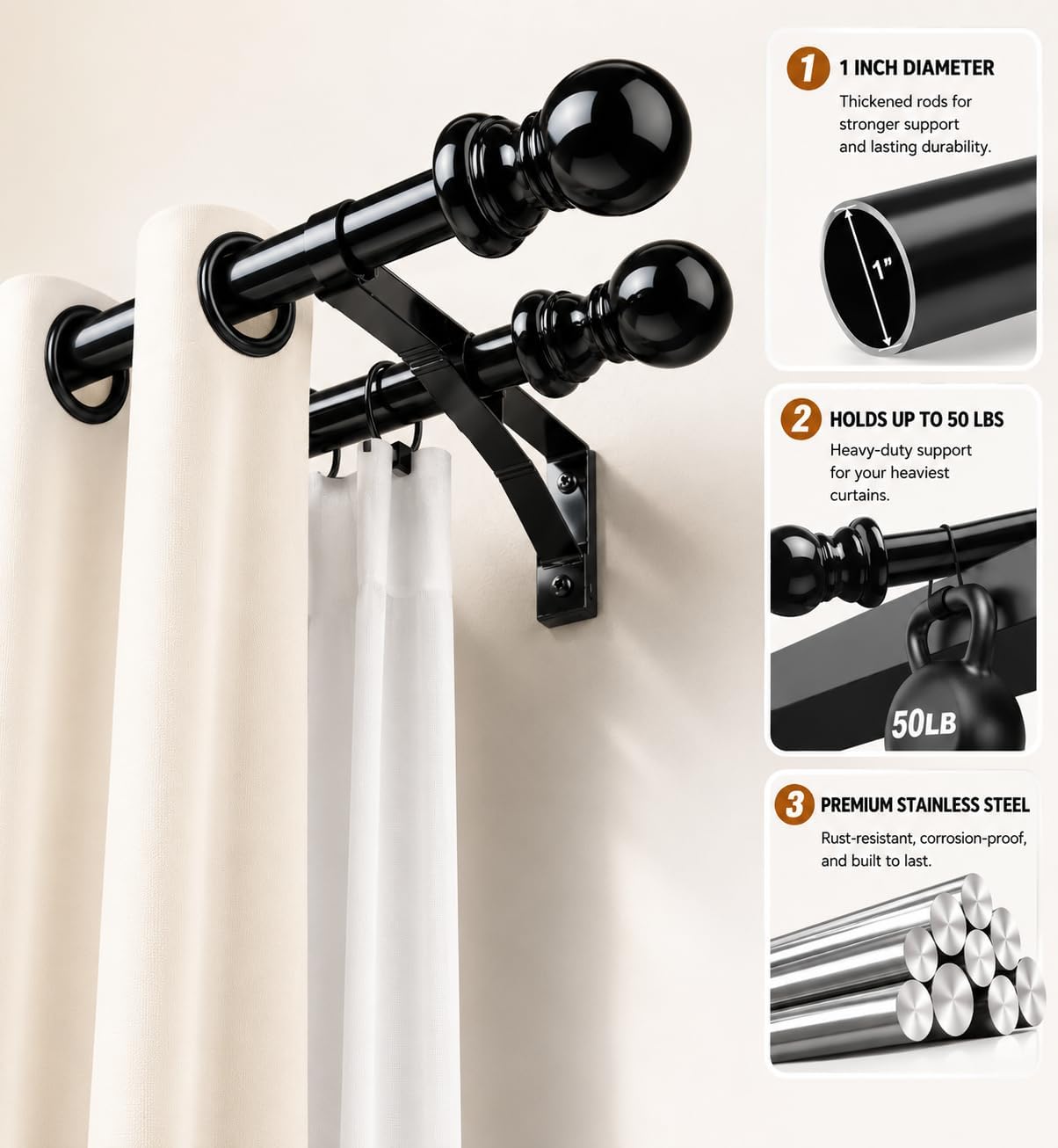 Detalle de CALCHELE Black Double Curtain Rod, 1-Inch Stainless Steel, Adjustable Wall-Mounted Set