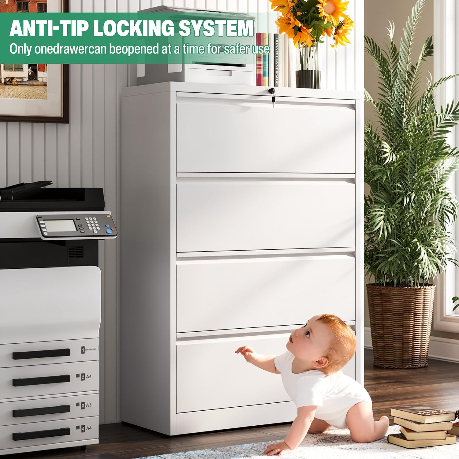 Detalle 2 de VIYET LFC001 4-Drawer Lateral File Cabinet with Lock, White Steel