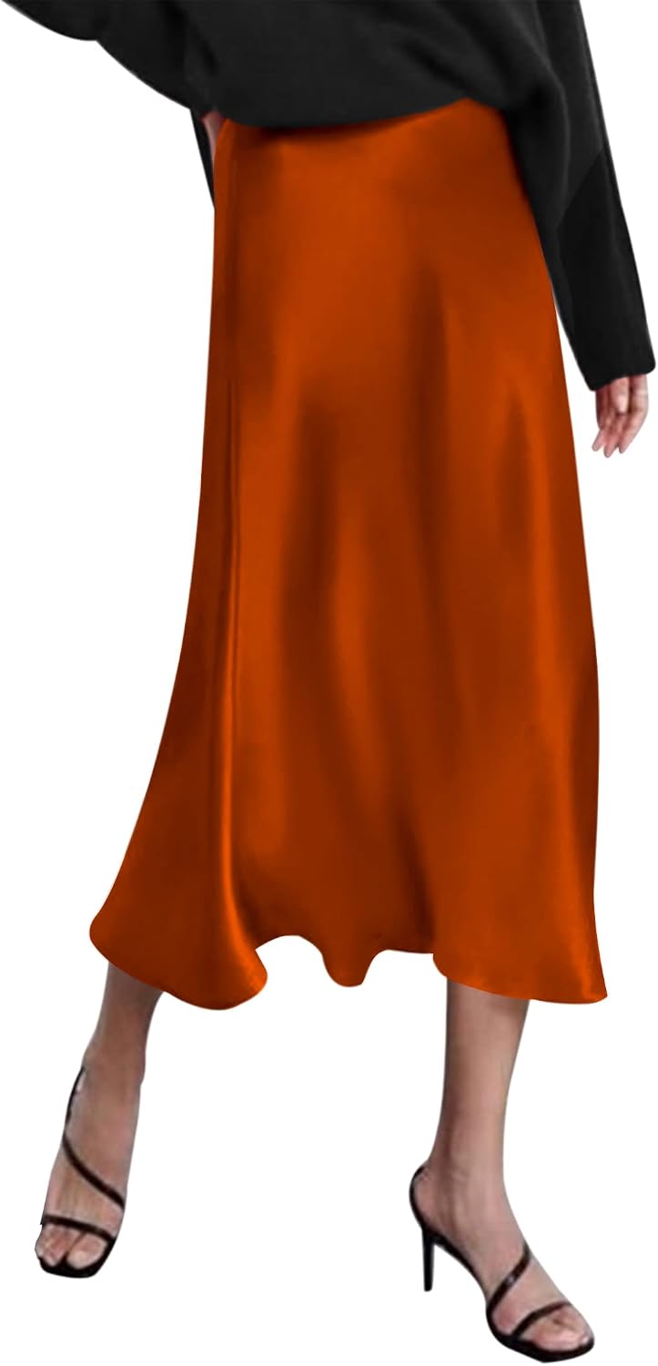 Detalle de Zeagoo Women’s High-Waist Satin Midi Skirt (Slim-Fit, Elegant Party Skirt)