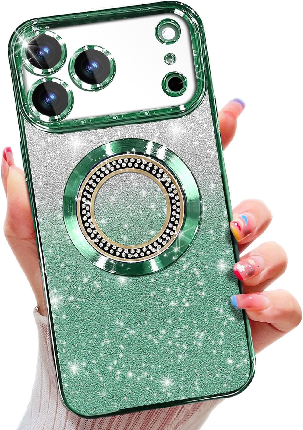 Detalle de Misscase for iPhone 17 Pro Max Magnetic Glitter Case with Camera Lens Protector – Green