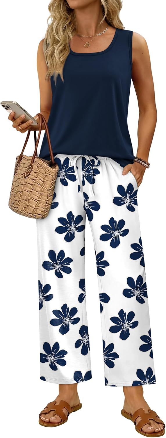 Detalle de WIHOLL Women's Two-Piece Set: Sleeveless Tank + Wide-Leg Printed Pants