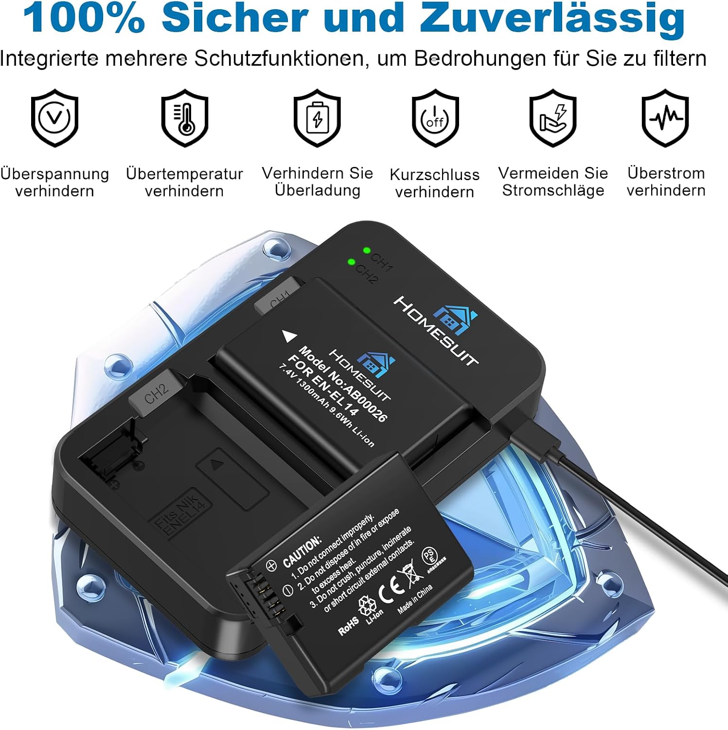 Detalle 2 de Homesuit EN-EL14/EN-EL14a batterisats med USB-dubbelladdare, 2-pack