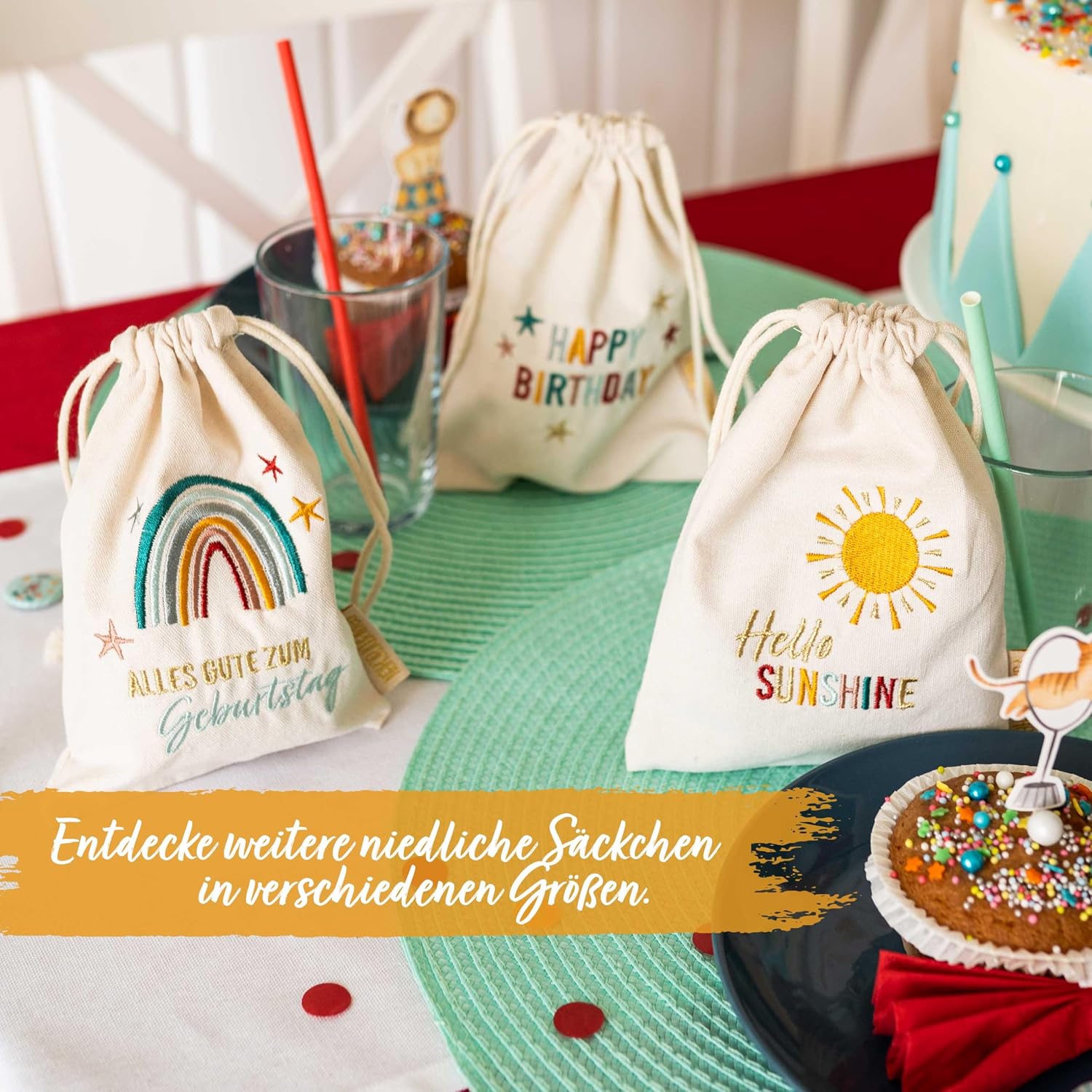 Thumbnail 6 de Papierdrachen Papierdrachen 2 Geschenksäckchen zum Geburtstag – Regenbogen aus Baumwolle, bestickt, mit Zugband
