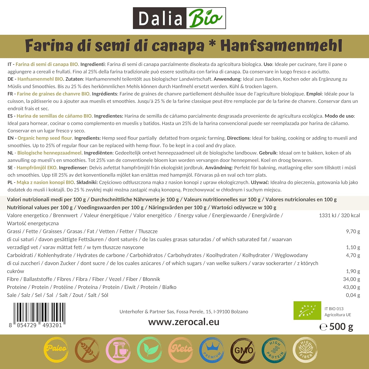 Thumbnail 1 de ZeroCal – Dalia Bio Hanfsamenmehl (500 g) mit 43% Protein, glutenfrei
