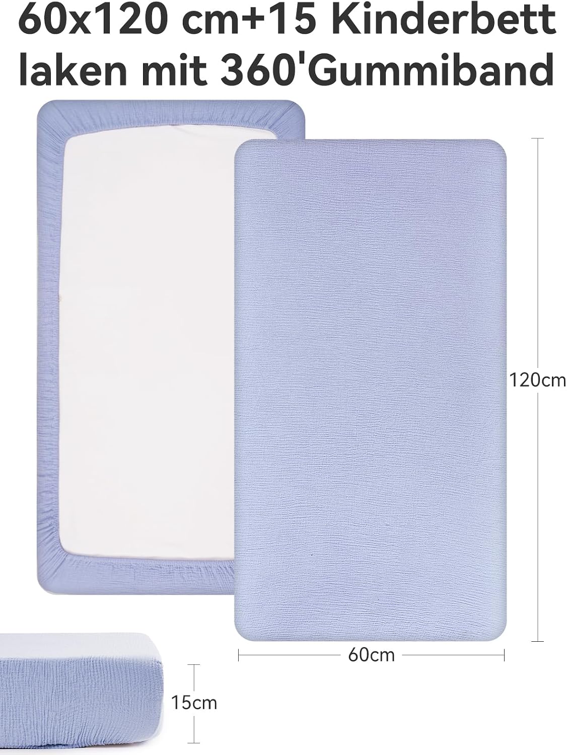 Detalle de TILLYOU Musselin Spannbettlaken 2er Set 60x120 cm – 100% Baumwollmusselin, elastisch, grau und blau