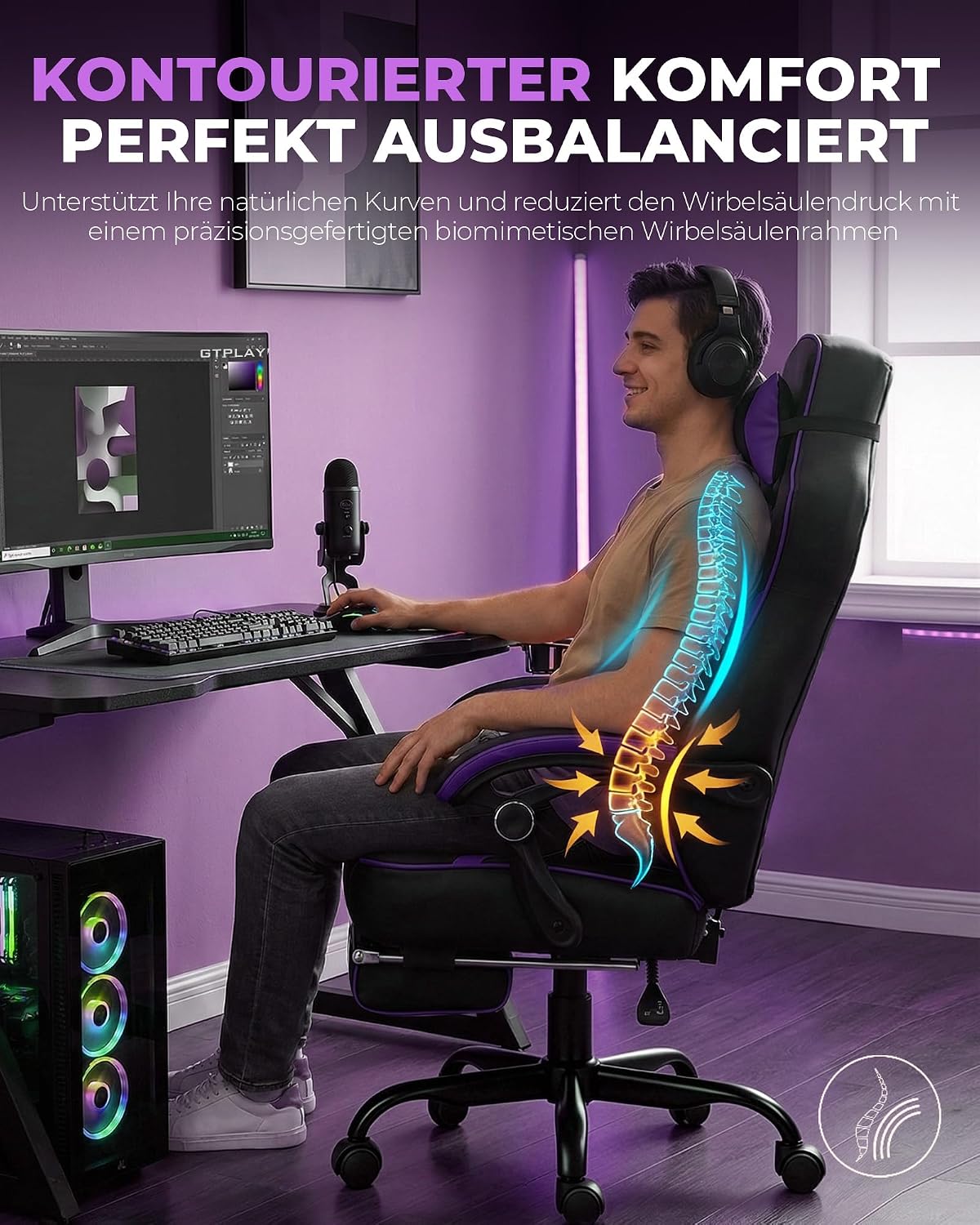Thumbnail 4 de GTPLAYER Gaming Stuhl mit Fußstütze – Ergonomischer 180 kg Schwerlast-Gaming-Sessel mit Lendenwirbelstütze, Kopfstütze und verstellbarer Fußstütze