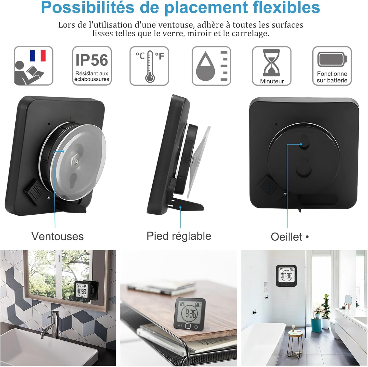 Thumbnail 1 de Horloge de Salle de Bain VORRINC — Horloge de Douche Étanche avec Tactile, LCD, Thermomètre et Minuterie