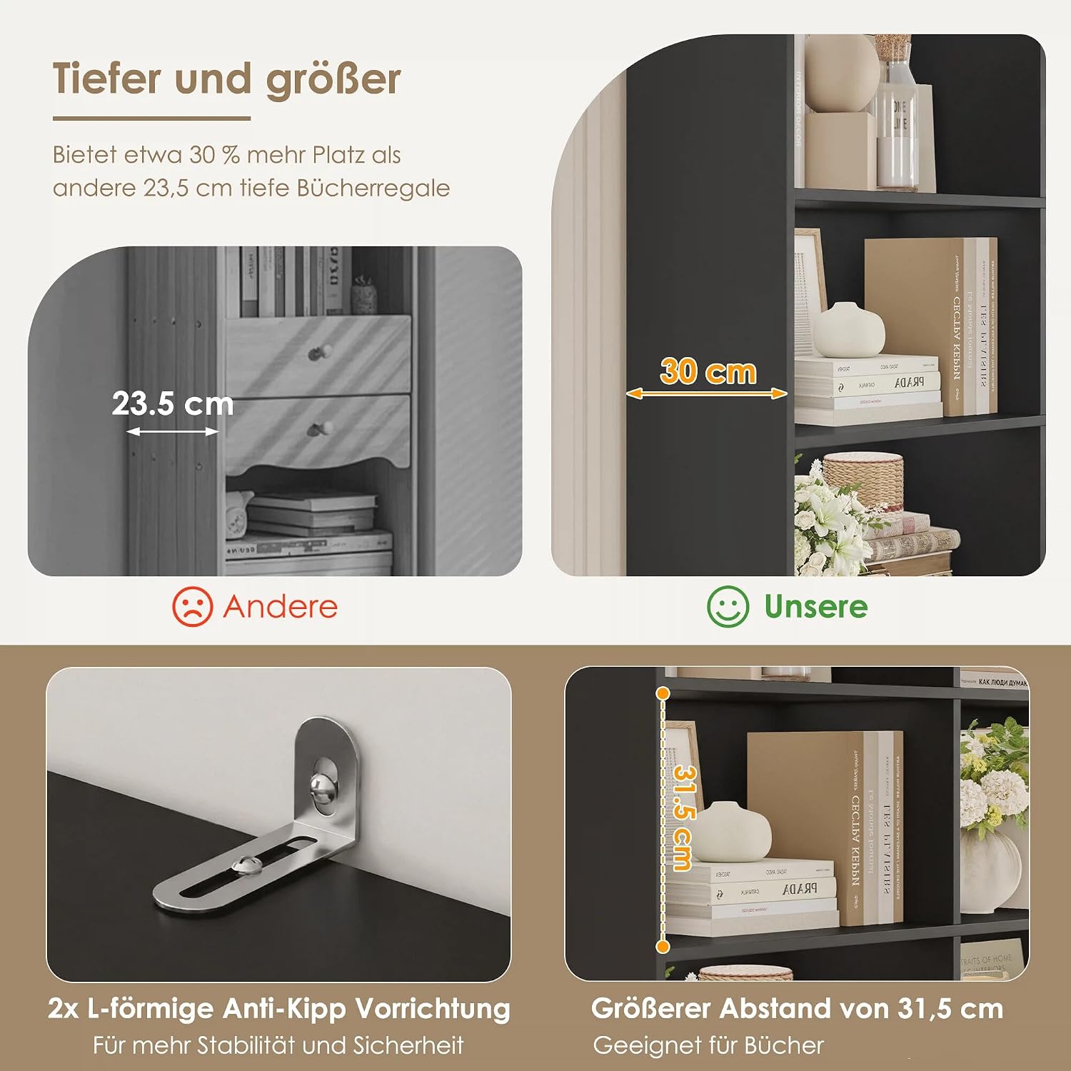 Detalle de FirFurd P124 Bookcase, 8 Compartments and 4 Drawers, Black, 100 x 30 x 180 cm