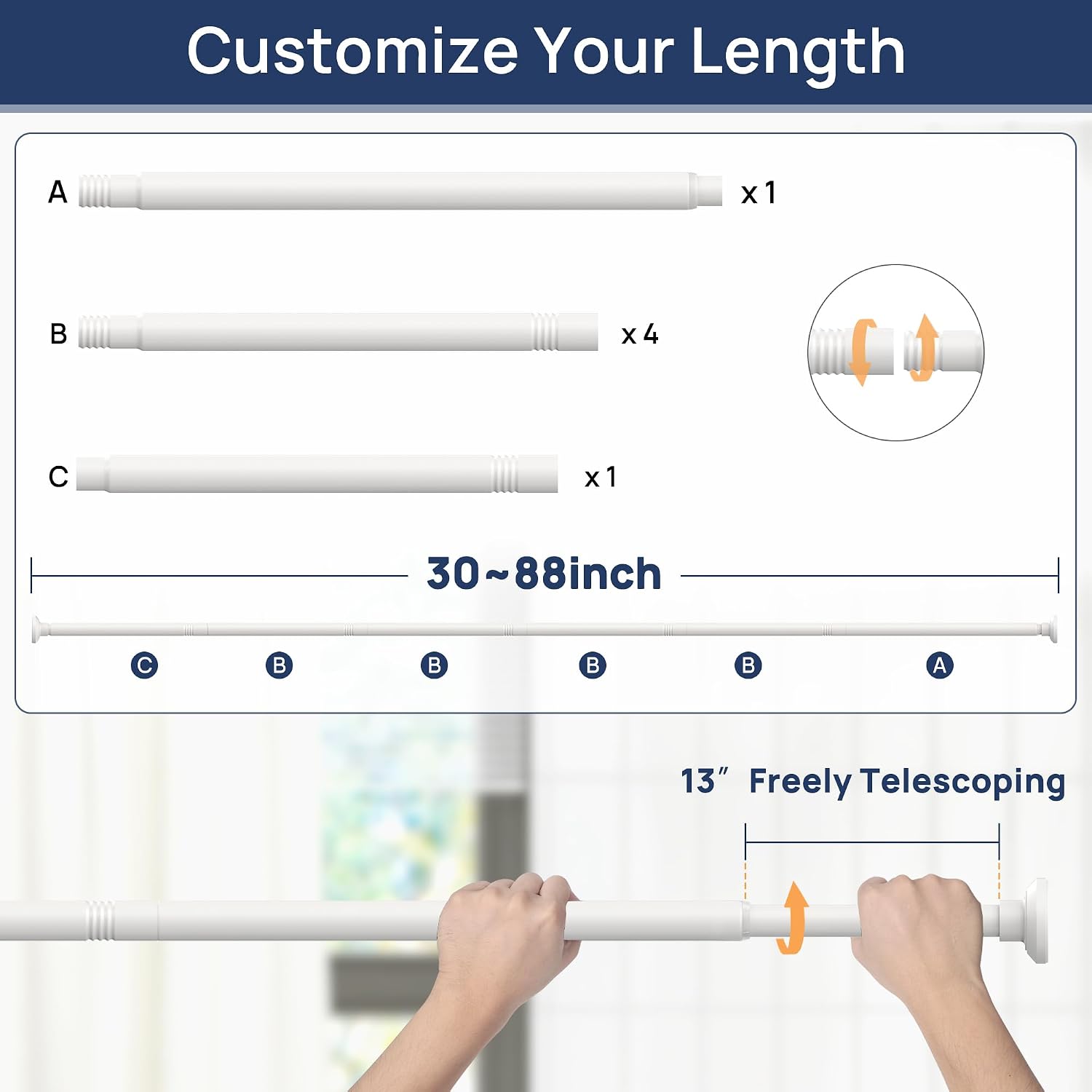 Thumbnail 1 de ENJOYBASICS Shower Curtain Rod 30 to 88 Inches – Stainless Steel Tension Rod, No Drill, White