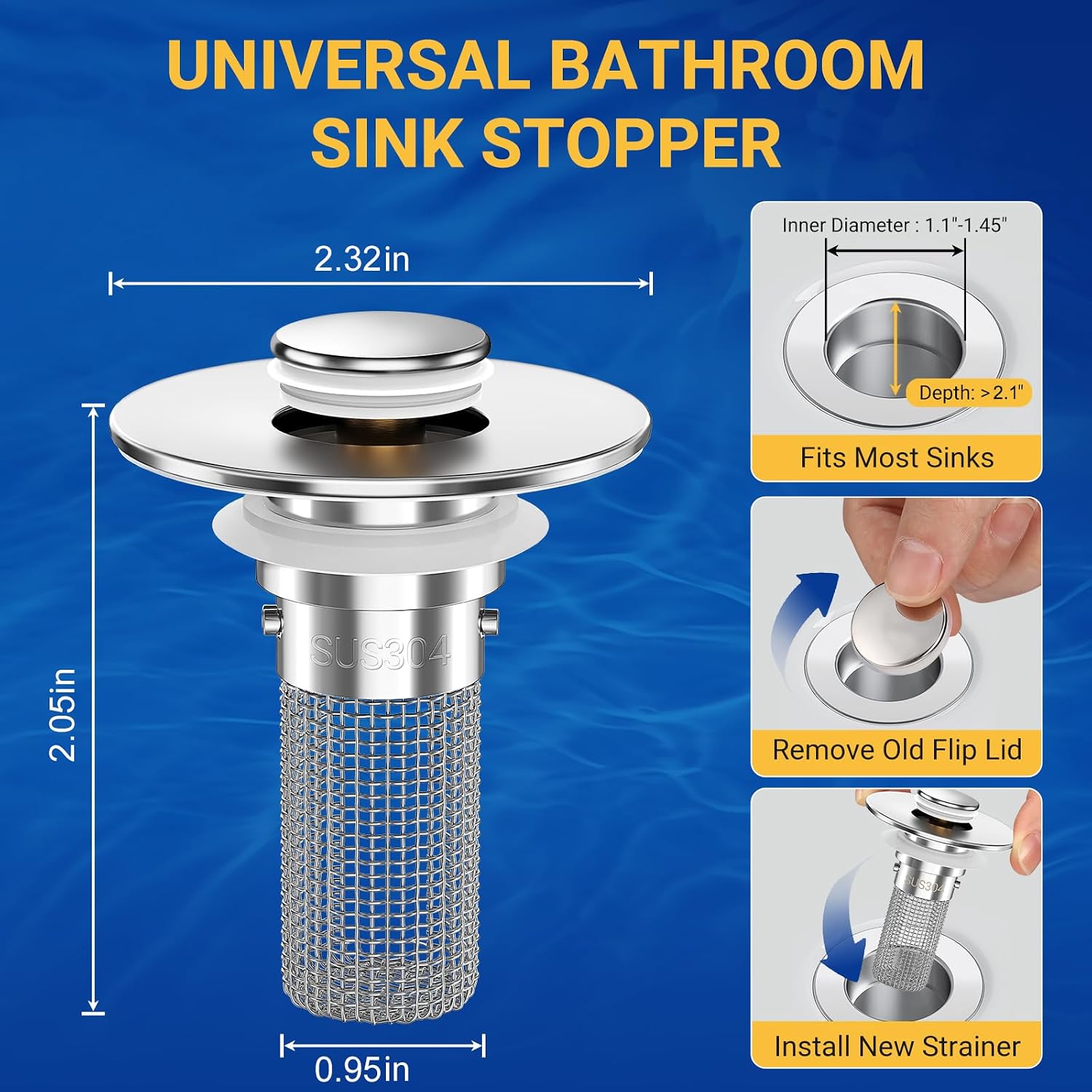 Detalle de HFMZYWA F36 Bathroom Sink Stopper Strainer, 2-Pack, 304 Stainless Steel