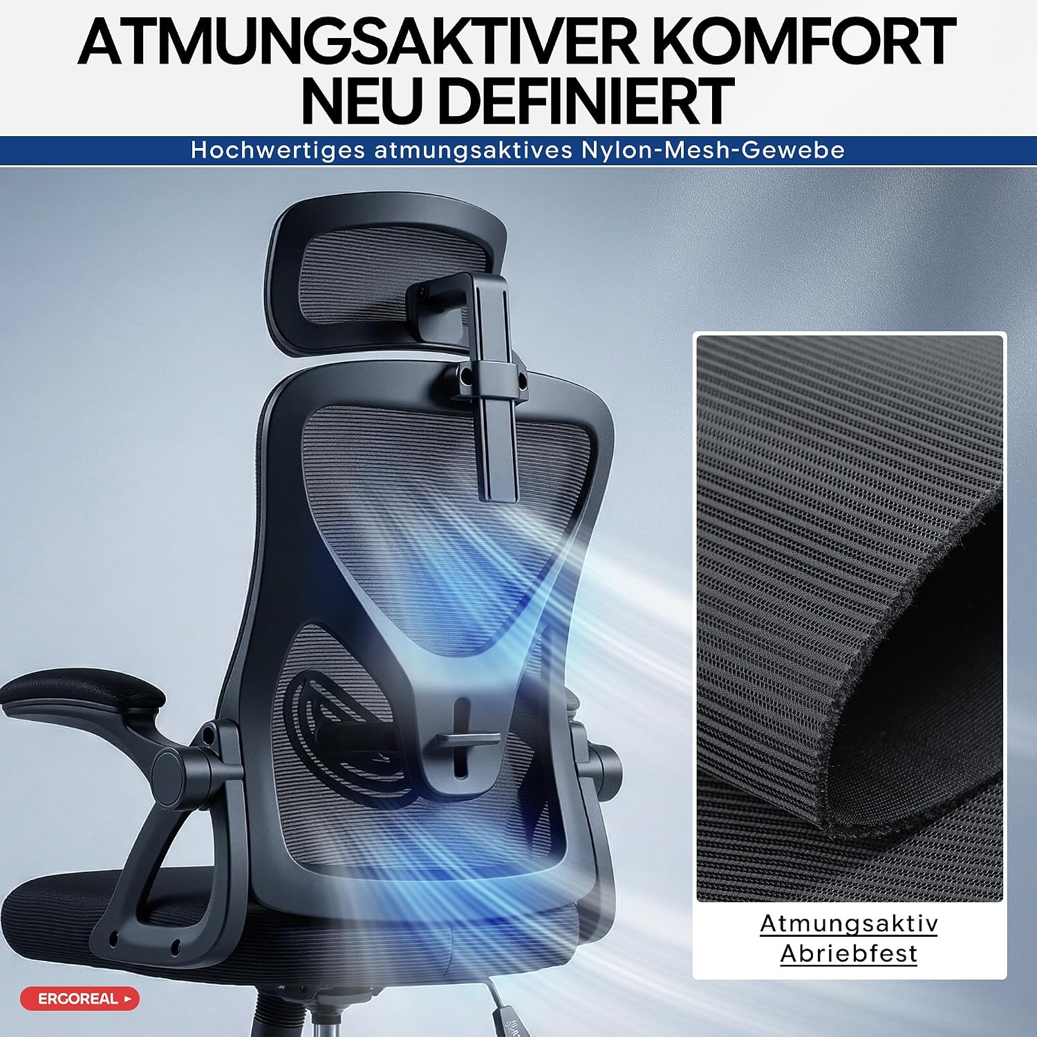 Thumbnail 6 de Ergoreal Ergonomischer Mesh-Bürostuhl für Home Office – verstellbare Lendenstütze, 2D-Kopfstütze, klappbare Armlehnen, bis 150 kg