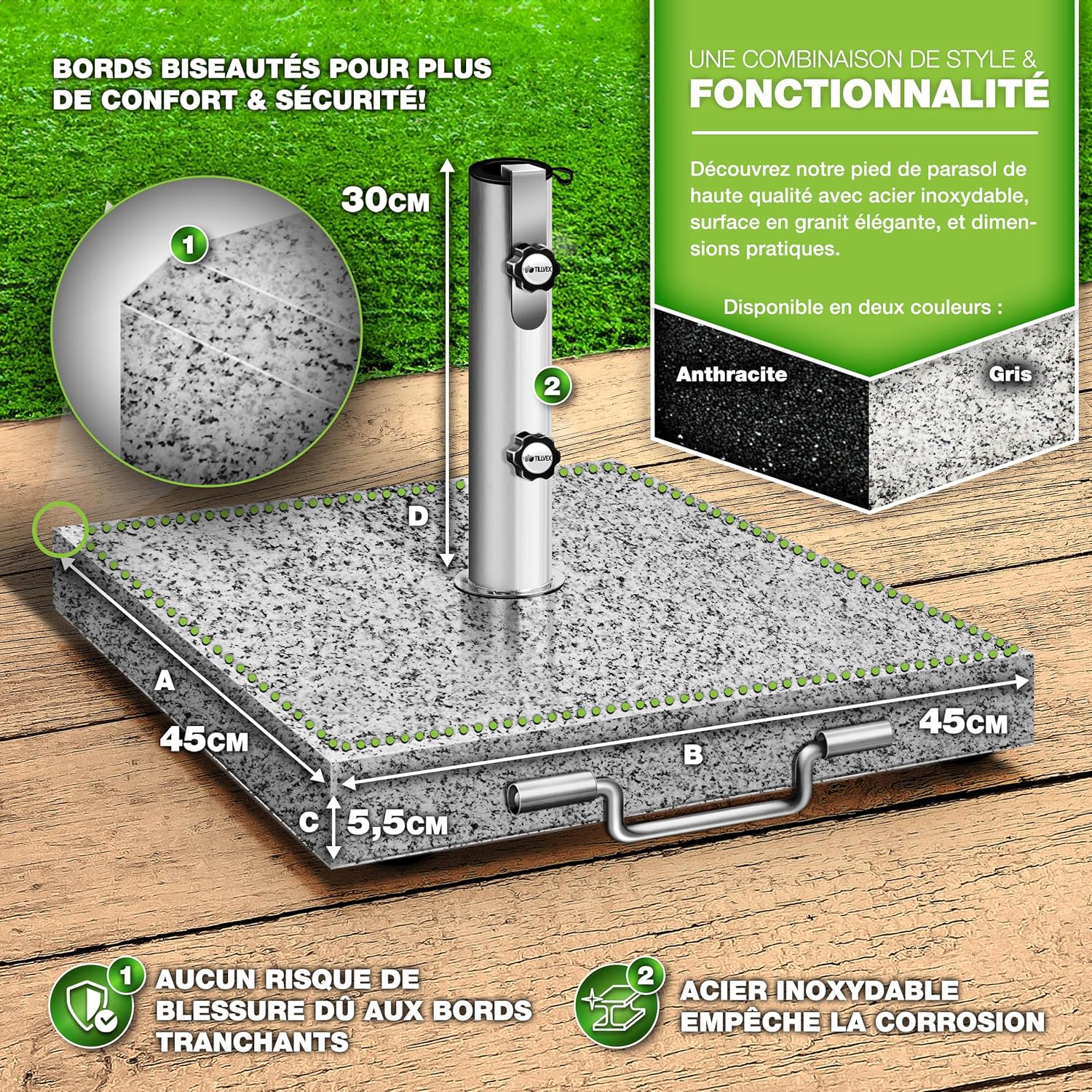 Thumbnail 1 de tillvex Pied de Parasol Angulaire en Granit avec Roulettes et Tube en Acier Inoxydable – 27 kg