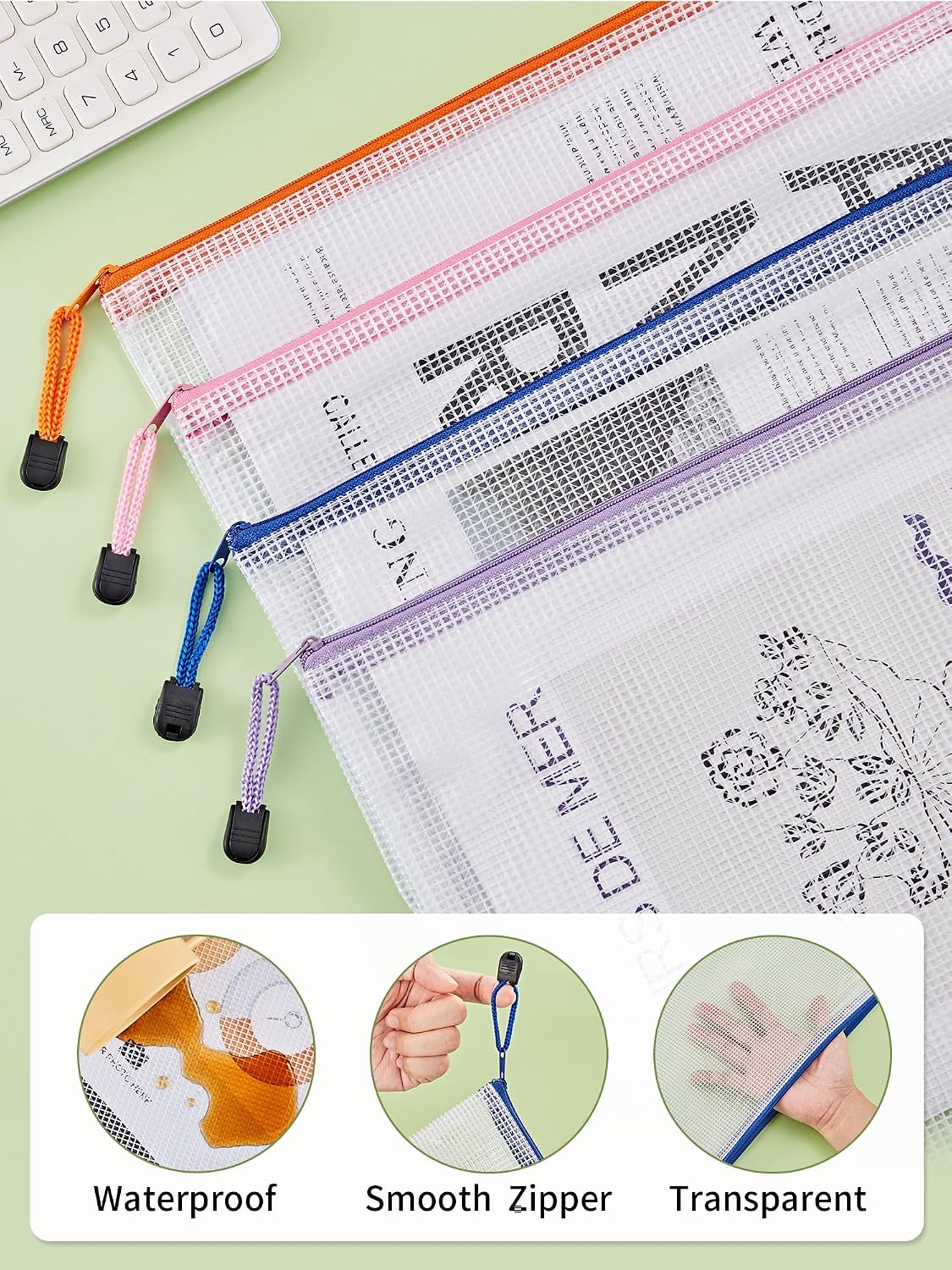 Detalle de JARLINK A4 Mesh Zipper Pouches, 20-Pack, PVC, 10 Colors