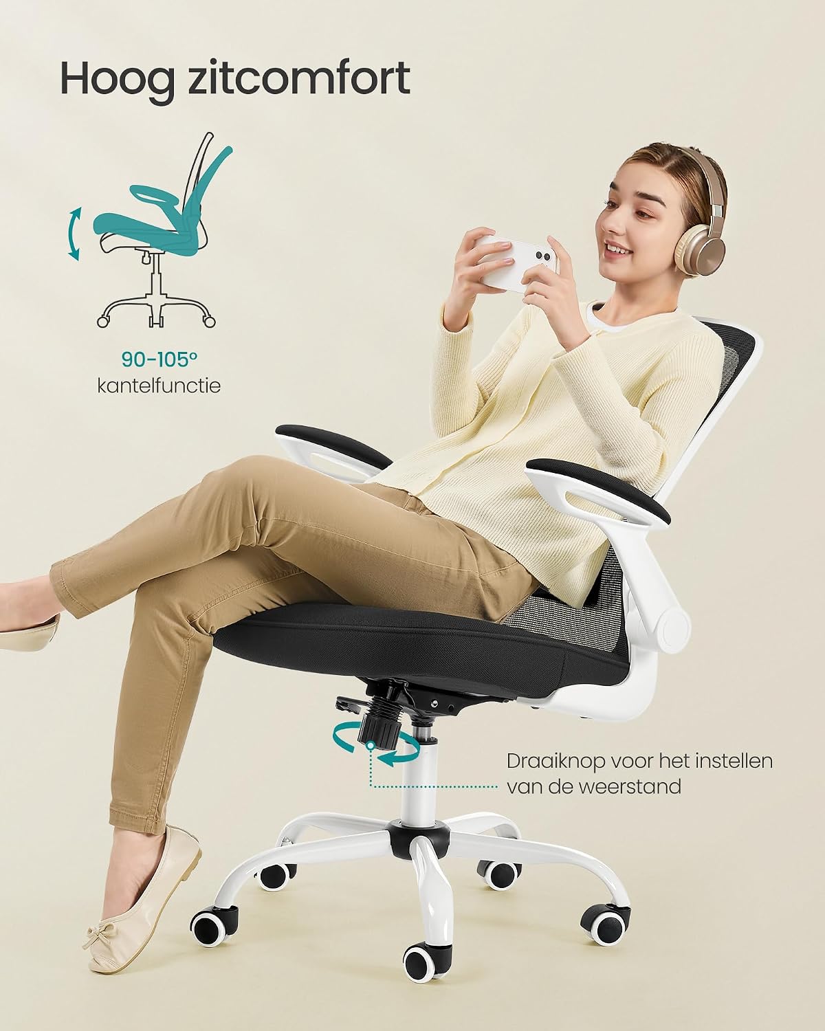 Thumbnail 6 de SONGMICS OBN37WT ergonomische bureaustoel met inklapbare armleuningen