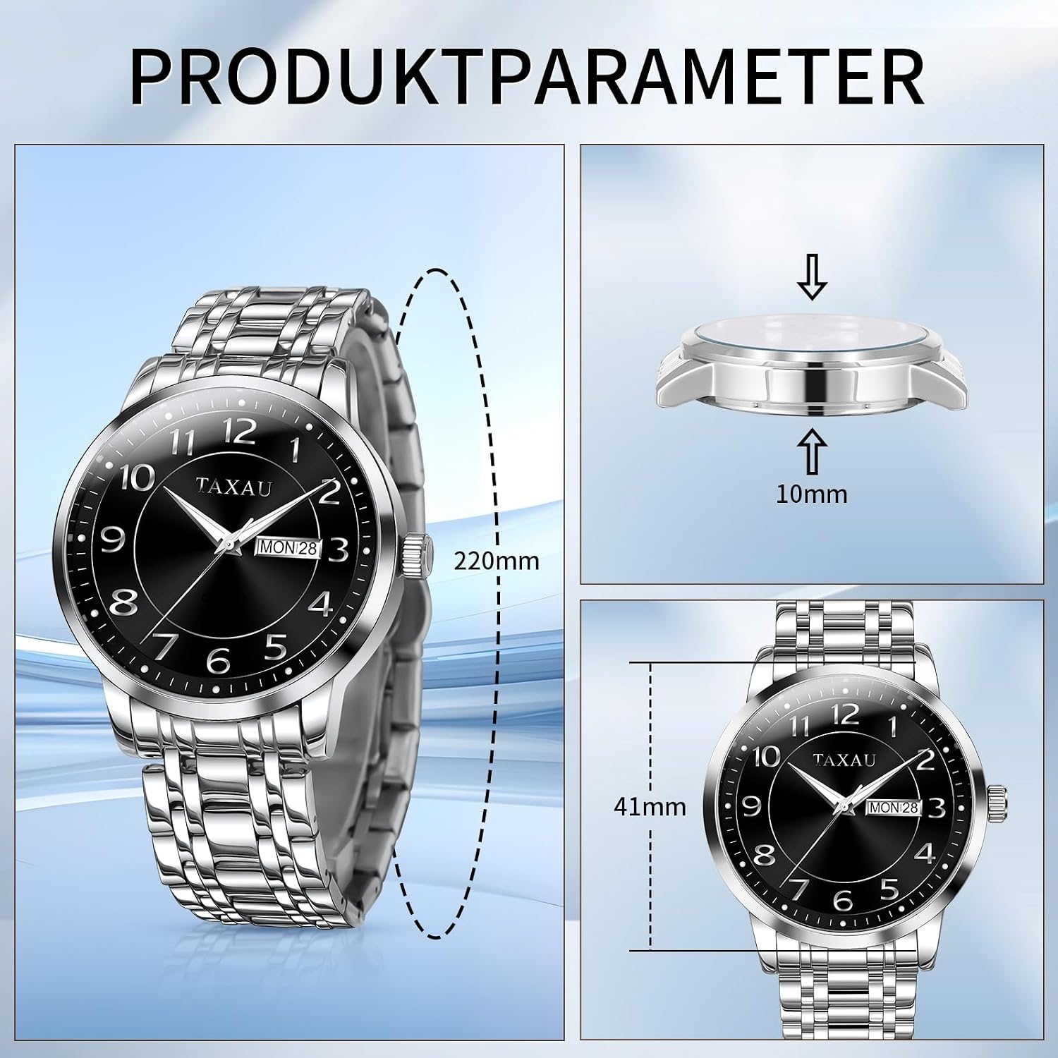 Thumbnail 4 de Taxau Edelstahl Herrenarmbanduhr mit wasserdichtem Design (30 m), Quarzwerk und Multifunktions-Zifferblatt