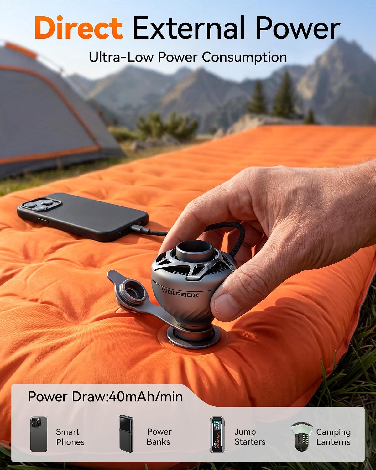 Detalle de WOLFBOX Electric Air Pump for Inflatables: Battery-Free USB-Powered, Ultra-Light at 38g