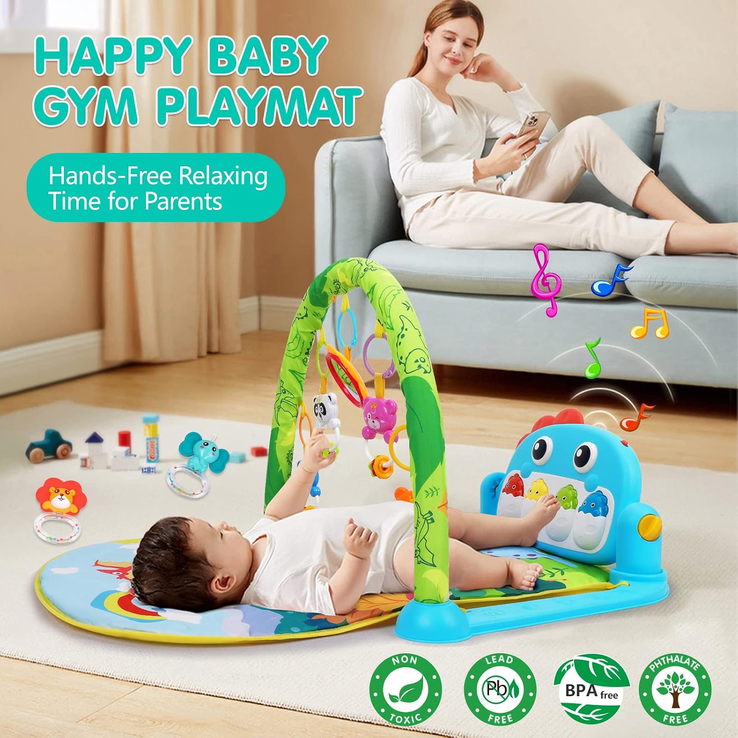 Thumbnail 2 de UMIKU Green Dinosaur Baby Play Mat with Piano, Contrast Books & Hanging Toys