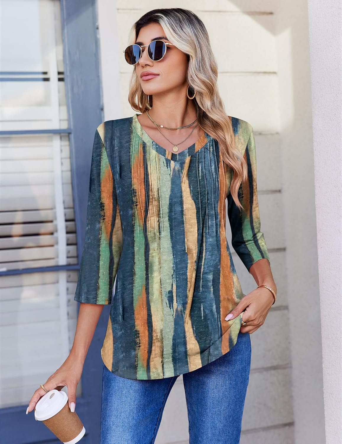 Detalle de Zeagoo 3/4 Sleeve V Neck Pleated Top