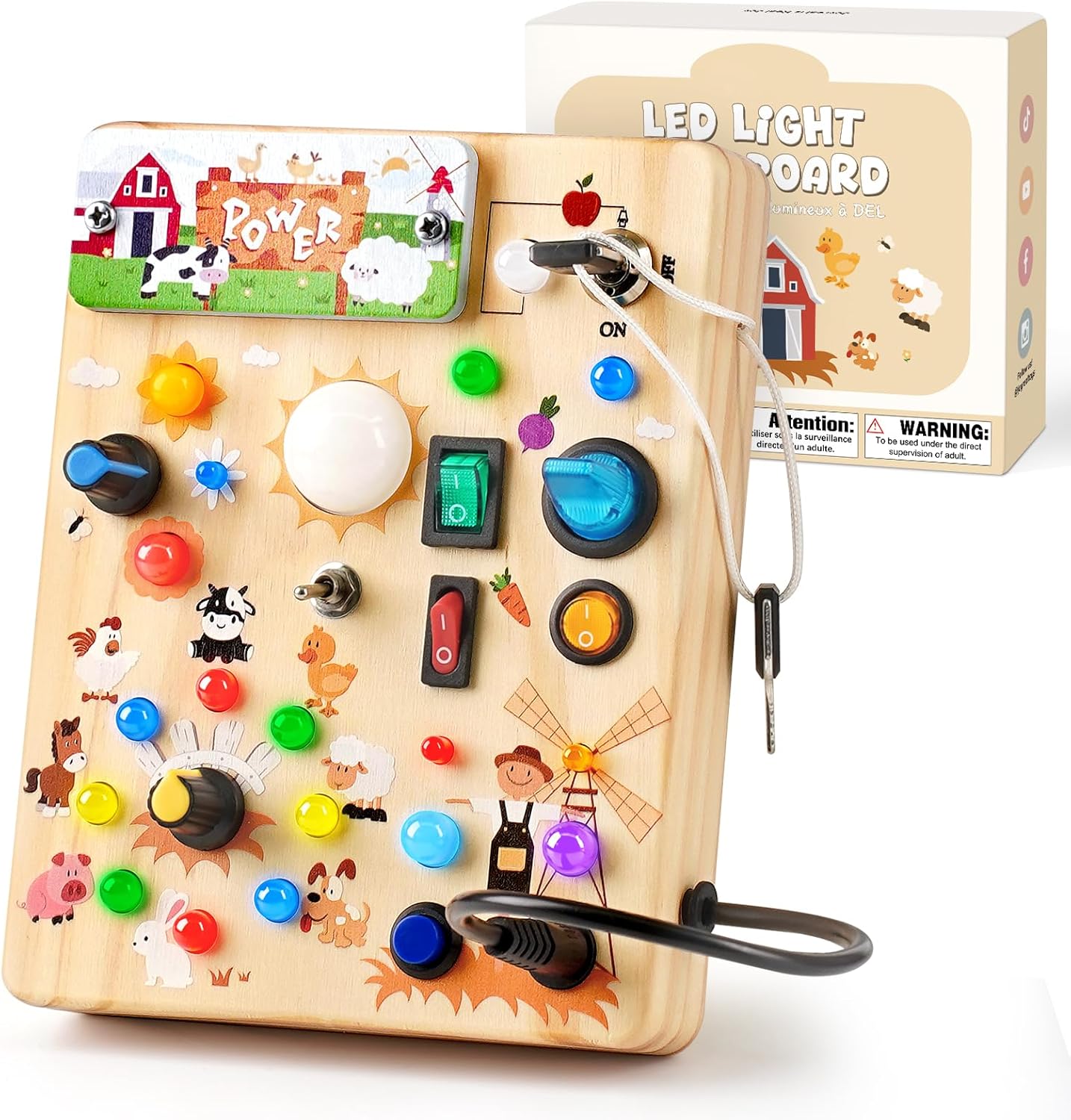 Detalle de Sanlebi LED Busy Board for Toddlers, Wooden Farm Activity Toy with 10 Switches