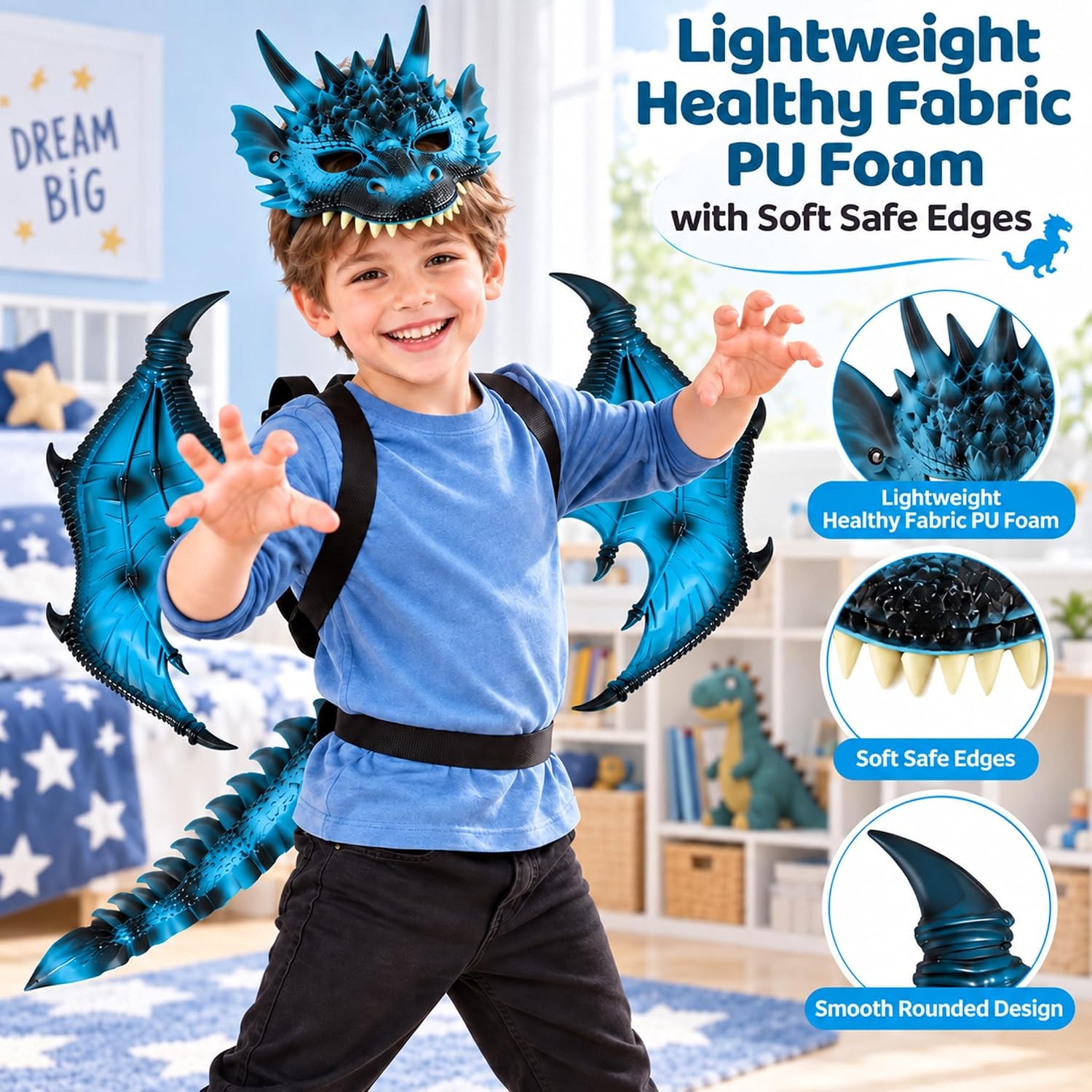 Detalle 2 de CRTEPST Dragon Costume for Kids, Ice Blue Mask, Wings and Tail