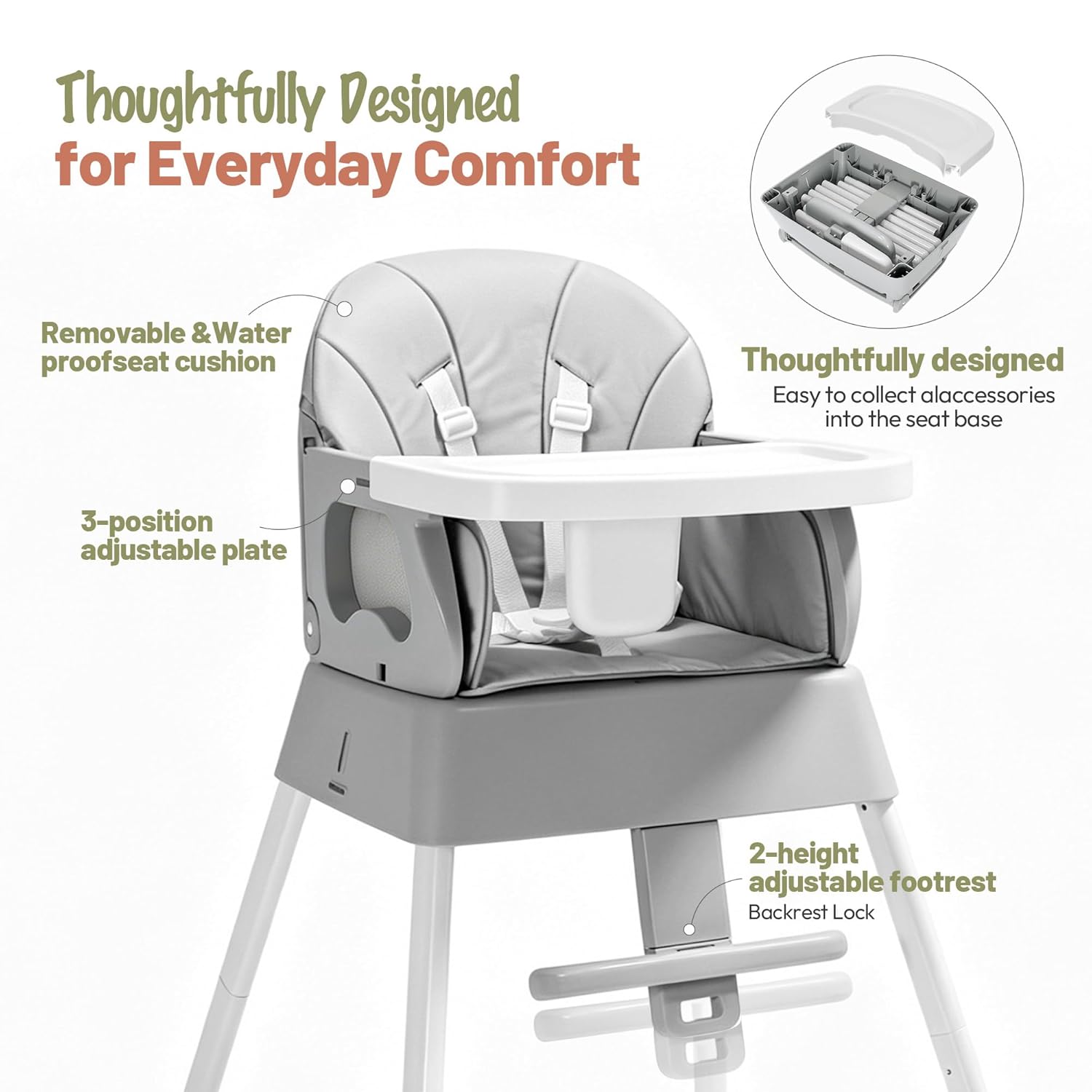 Detalle de BABHAMNESS 5-in-1 Foldable Baby High Chair with Booster Seat and 5-Point Harness