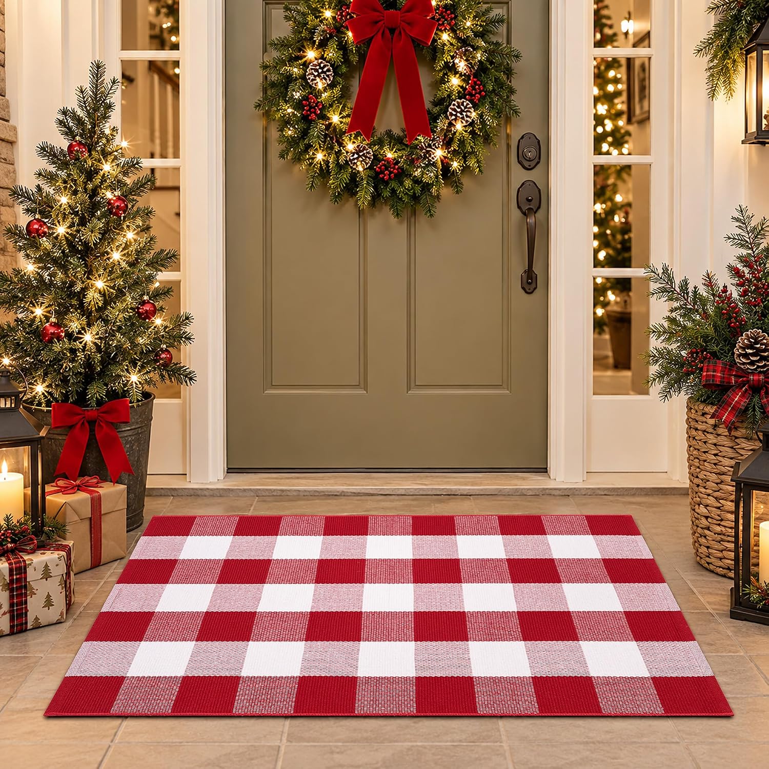 Homydecor Red and White Plaid Doormat, 28 x 43 Inches, Reversible Flatweave