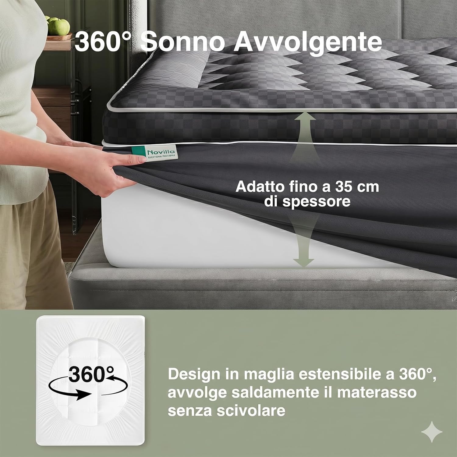 Detalle 2 de Novilla Topper Materasso Matrimoniale 160x190 Grigio Scuro – Comfort Premium con Imbottitura Ultra-Soffice