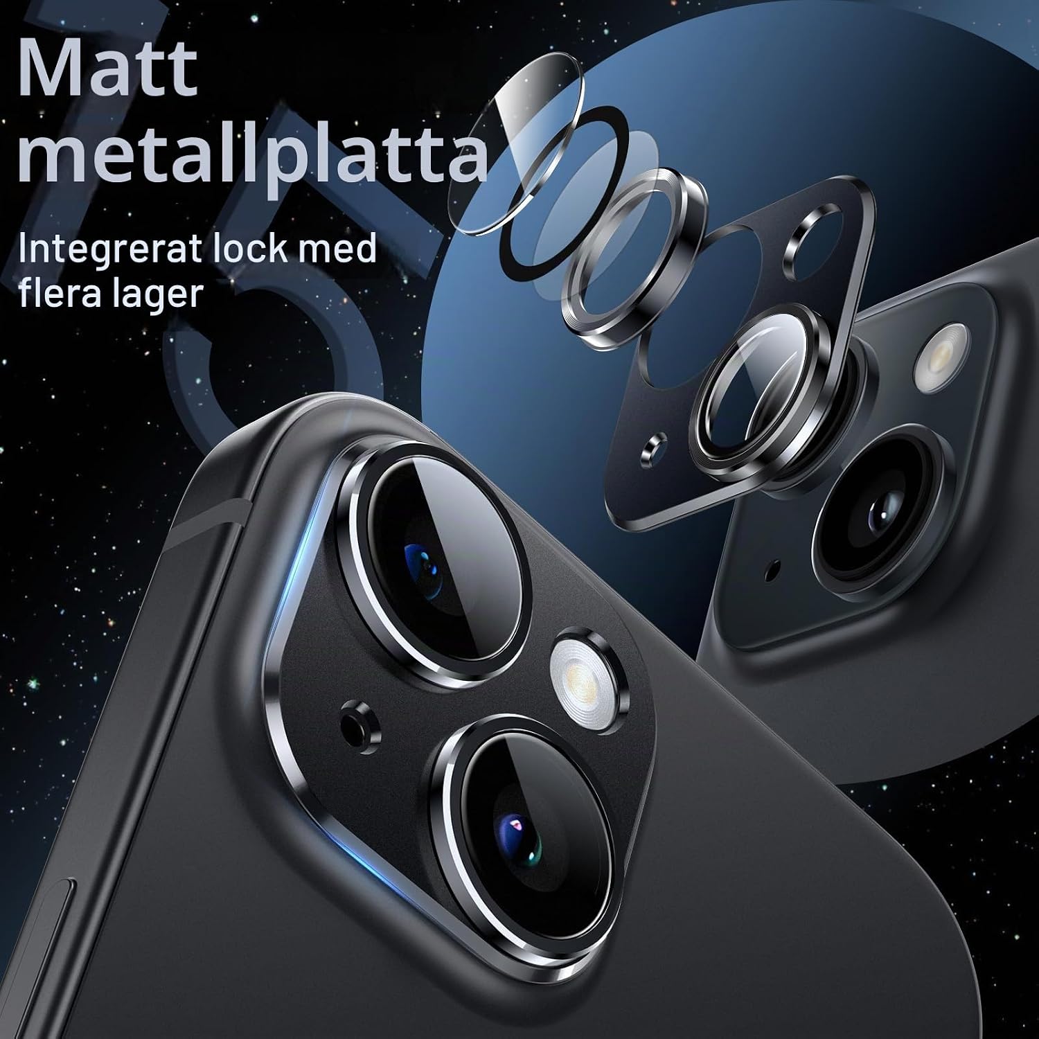 Detalle de JETech kameralinsskydd för iPhone 15/15 Plus, midnatt, 9H-glas