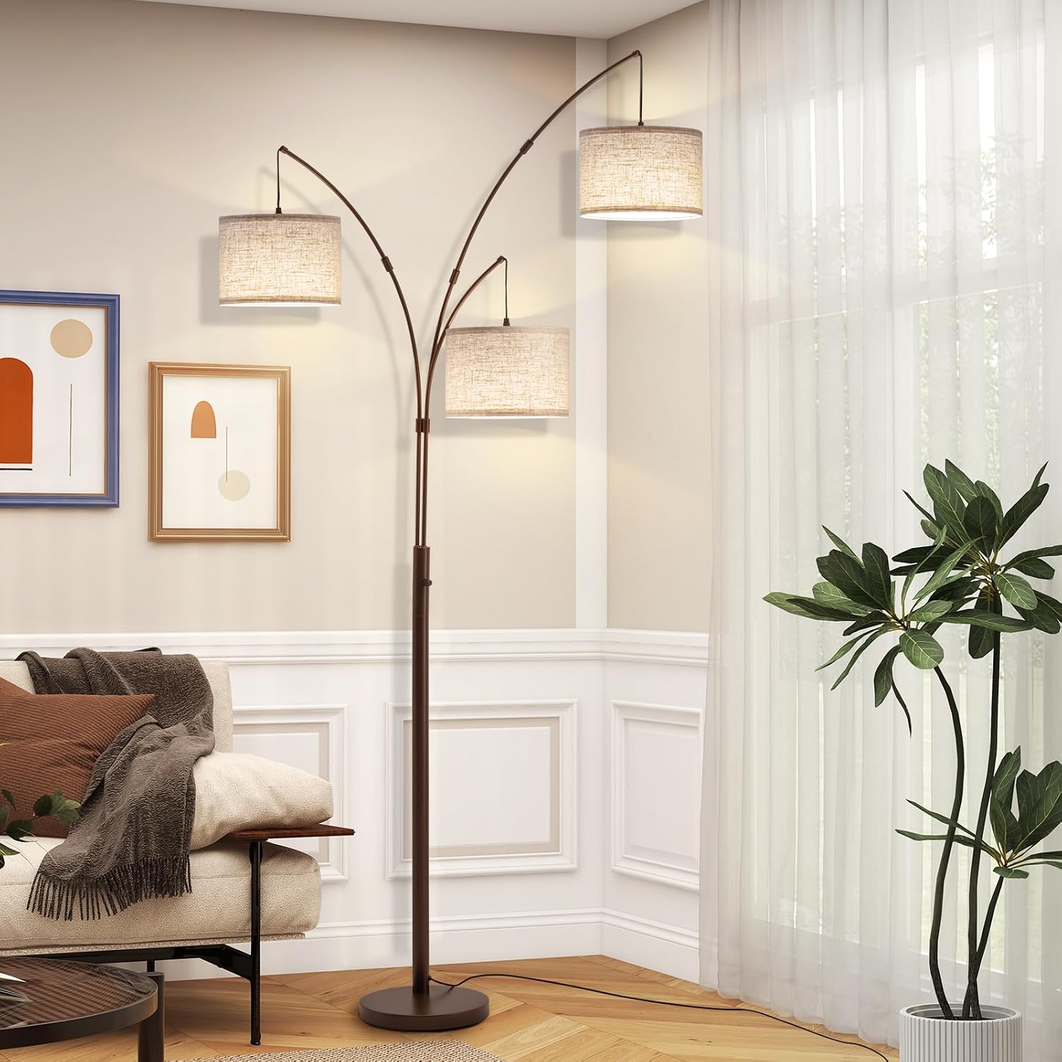 Detalle de Fansdrick 3-Light Arc Floor Lamp, 2,400 Lumens, Remote Dimming, 80-Inch