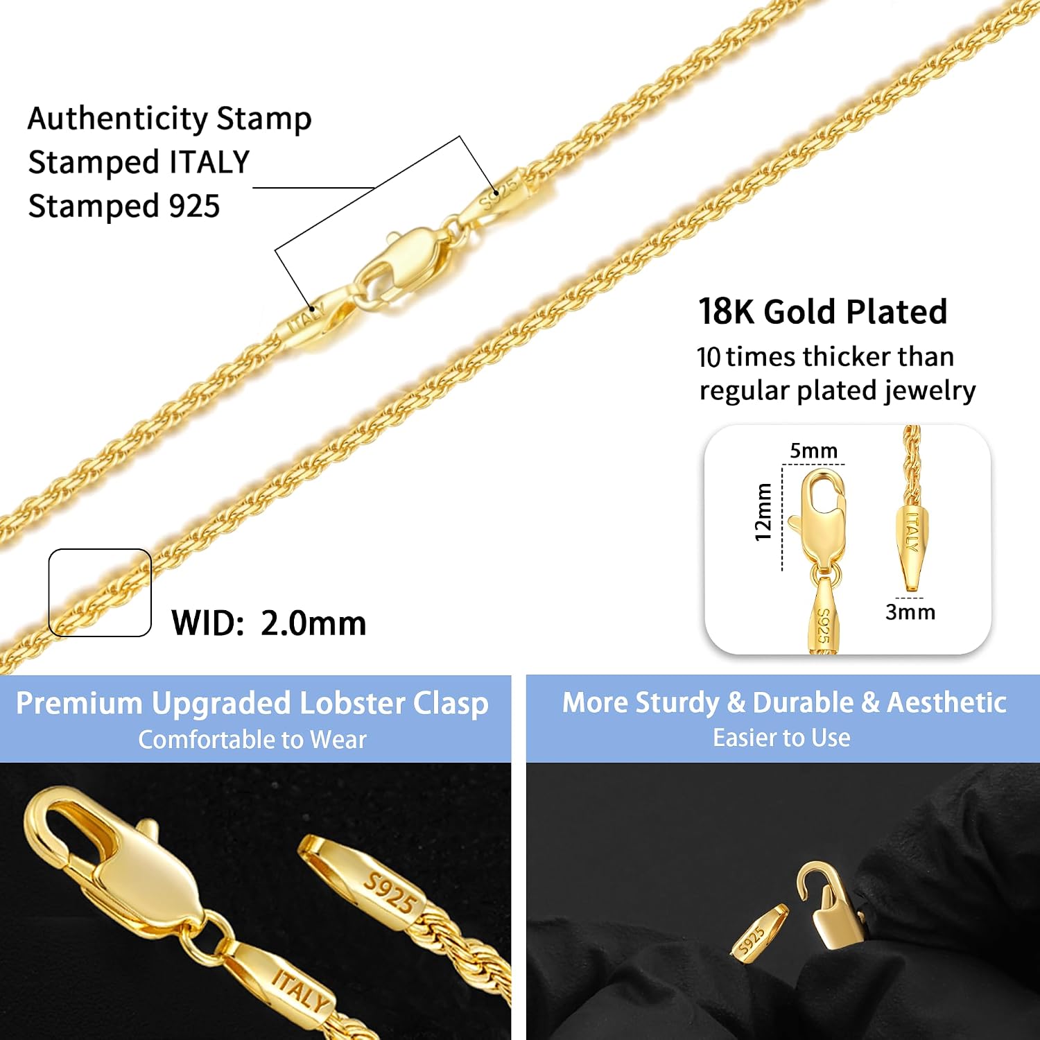 Detalle de Jewlpire Rope Chain Necklace, 2mm