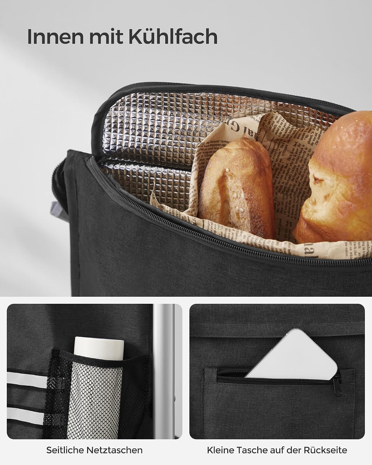 Detalle 2 de SONGMICS Einkaufstrolley KST03BK – Großer 35-Liter Trolley mit Kühlfach, abnehmbarer Tasche, klappbar