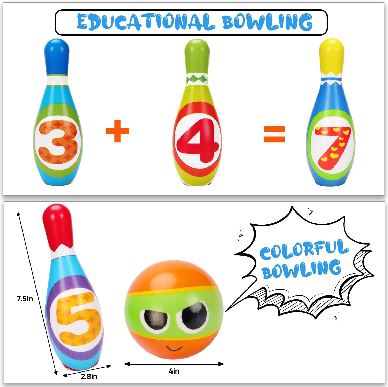 Detalle de Kids Bowling Toy Set 2-5: Soft Foam Bowling Pins & Balls for Indoor & Outdoor Play