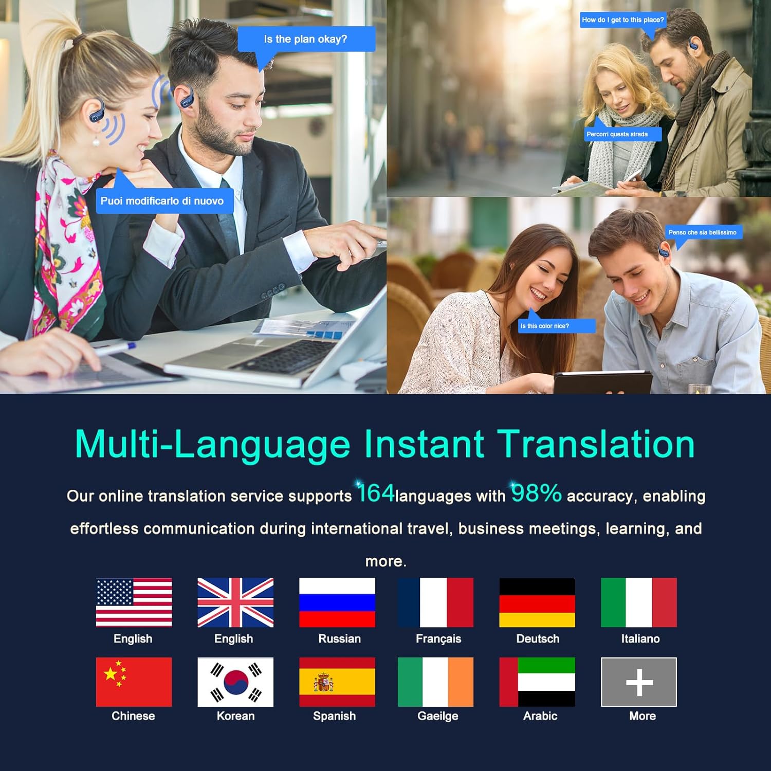 Thumbnail 2 de STECEi AI Traducteur Vocal Instantané : écouteurs traducteurs 3-en-1, jusqu’à 164 langues, bleu