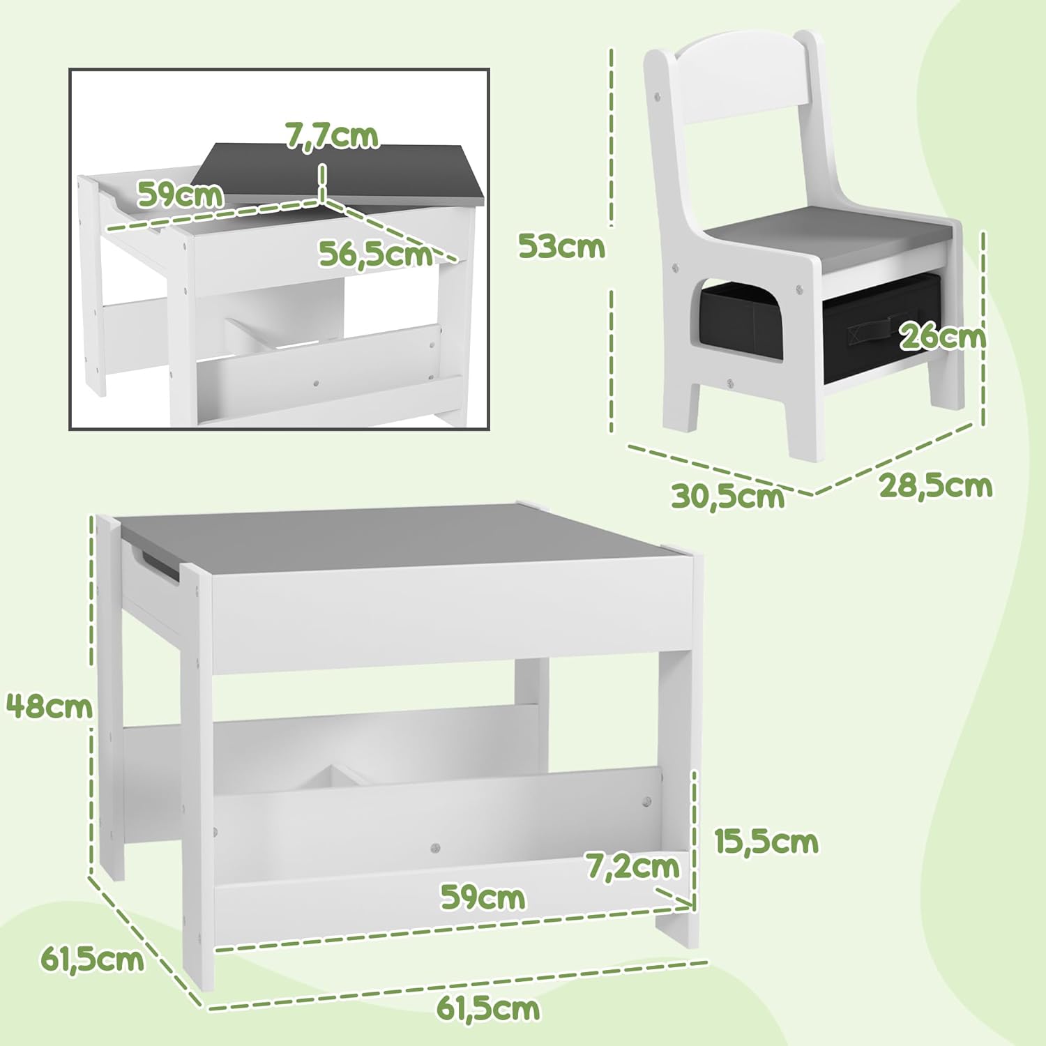 Thumbnail 6 de HOMCOM Ensemble 3 pièces table et 2 chaises enfant avec plateau réversible et rangements