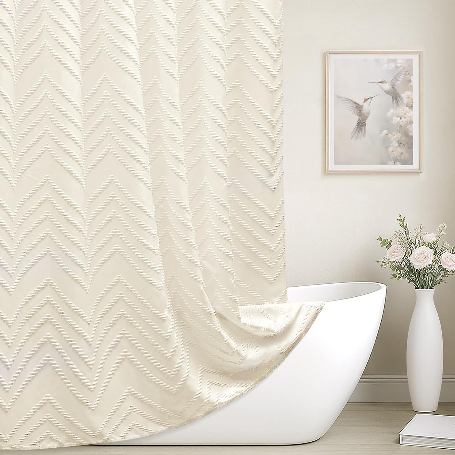 Detalle de TURKIO Cream7272 Fabric Shower Curtain, 72 x 72 Inches, Tufted Chevron