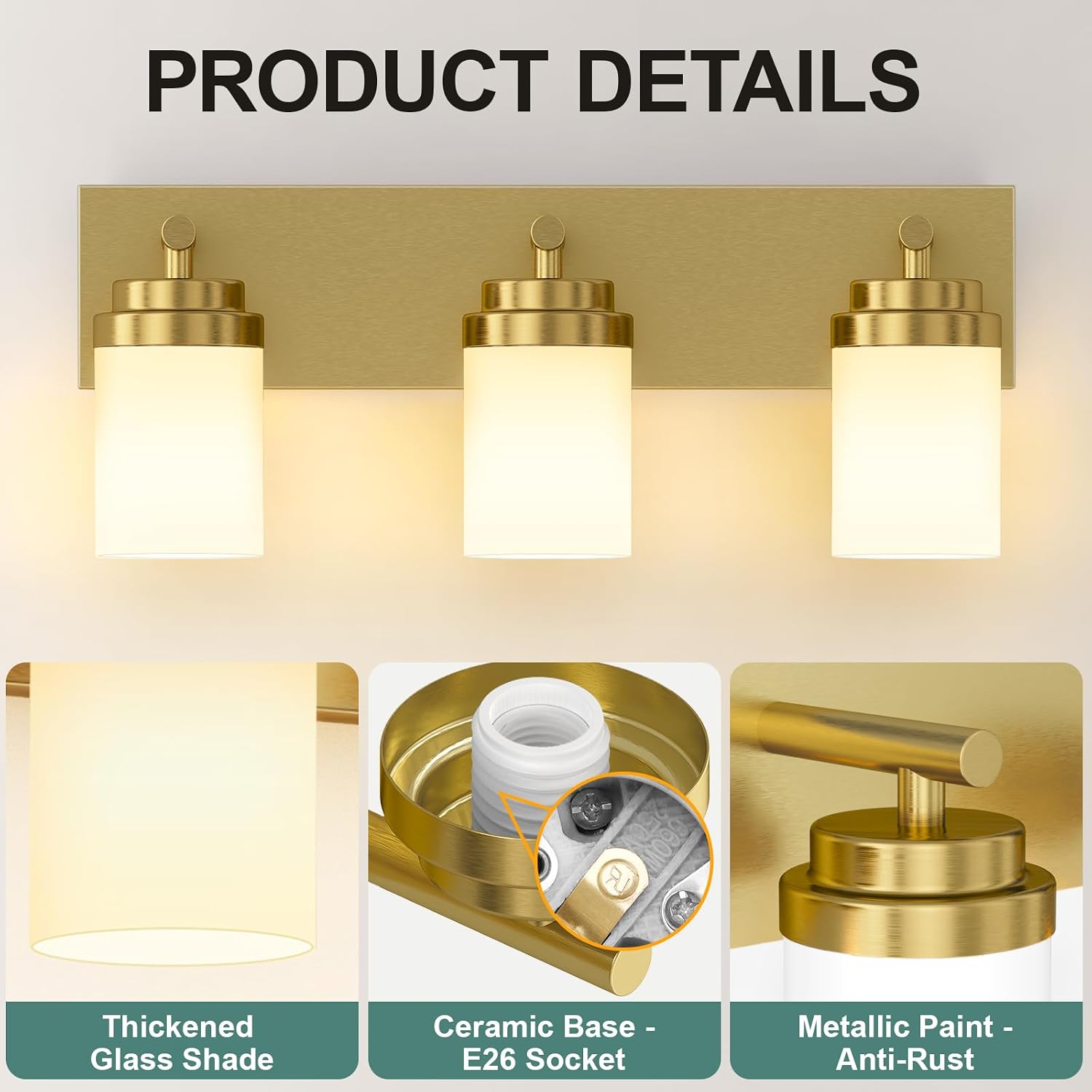 Thumbnail 2 de IZORRO HL101-3T-GD-WT 3-Light Bathroom Vanity Light, Brushed Gold, White Glass