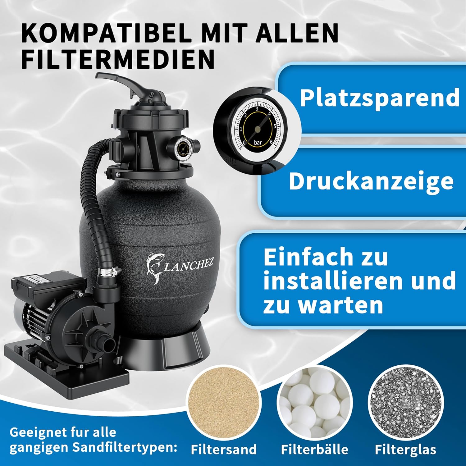 Detalle 2 de LANCHEZ Sandfilteranlage 11.500 L/h – 7-Wege-Ventil, 24h Timer, 200 g Filterbälle, Sandfilterkessel bis 60 m³