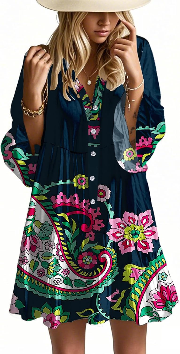 Imagen de Opemiby Summer Dresses for Women 2026: Flowy Ruffle 3/4 Sleeve V-Neck Tiered Boho Beach Mini Dress en OfertitasTOP