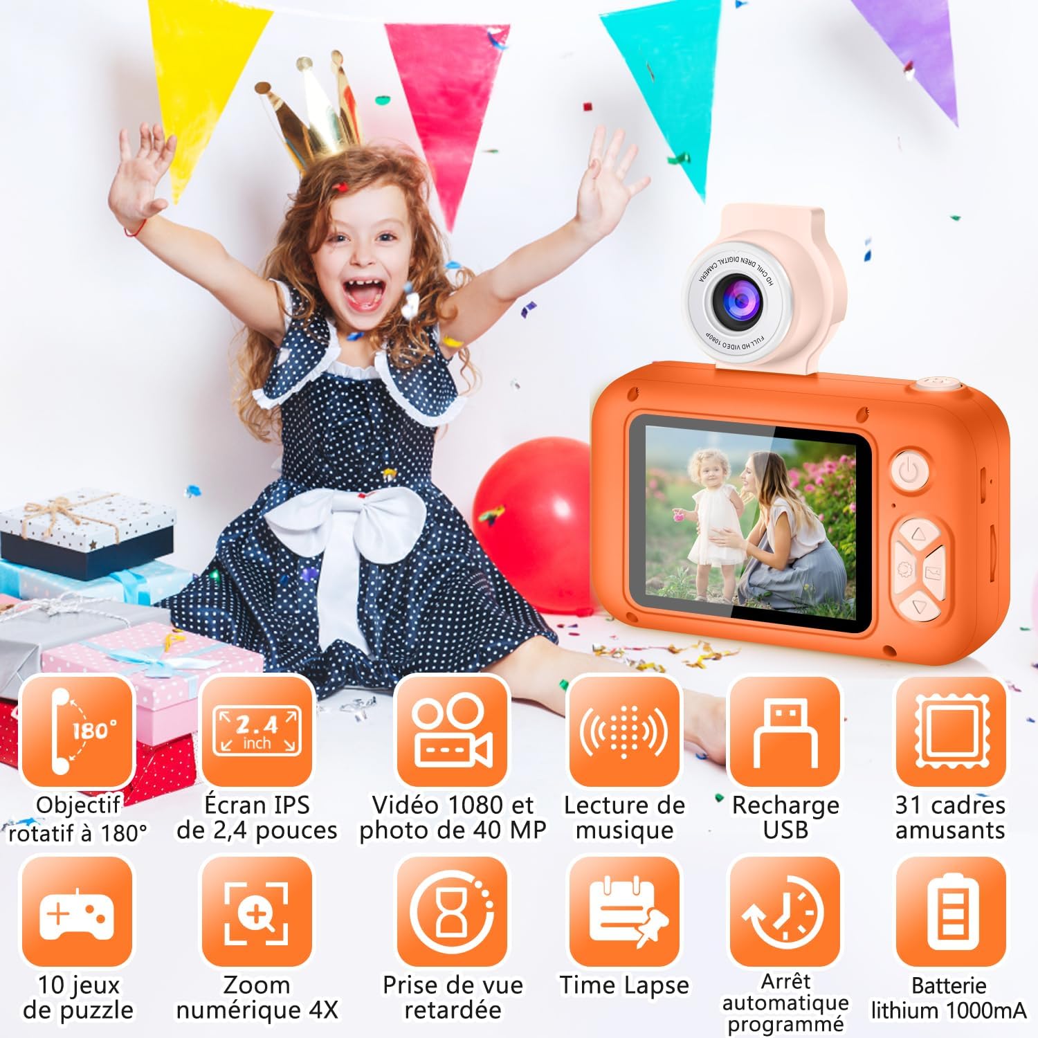 Detalle de ARNSSIEN X101 : appareil photo enfant avec écran IPS 2,4" et objectif pivotant 180°