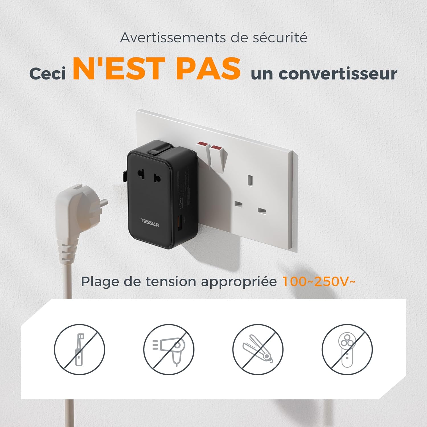 Thumbnail 6 de TESSAN Adaptateur Prise Universelle PD 20W — 4 en 1, USB-C x2 et USB-A, voyage sans compromis