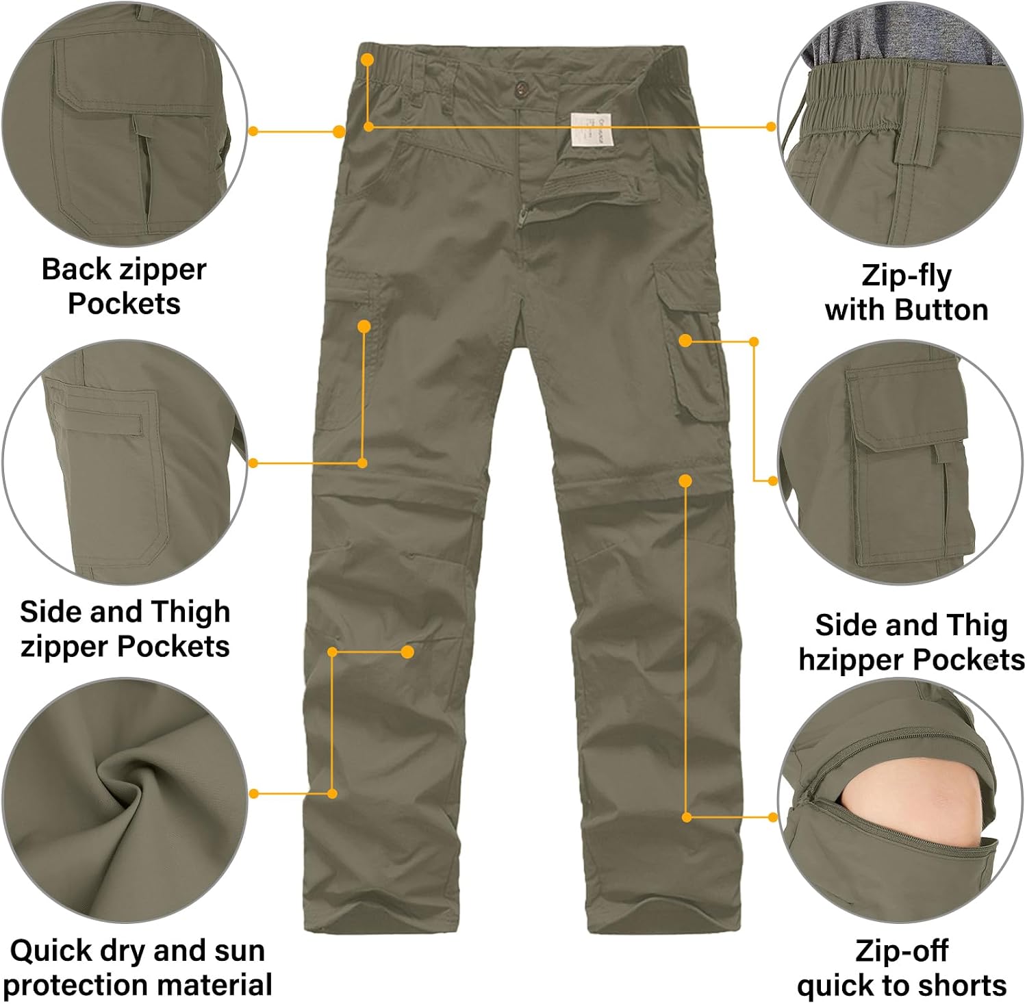 Detalle de linlon Convertible Hiking Cargo Pants for Kids, UPF 50+ Quick-Dry Zip-Off