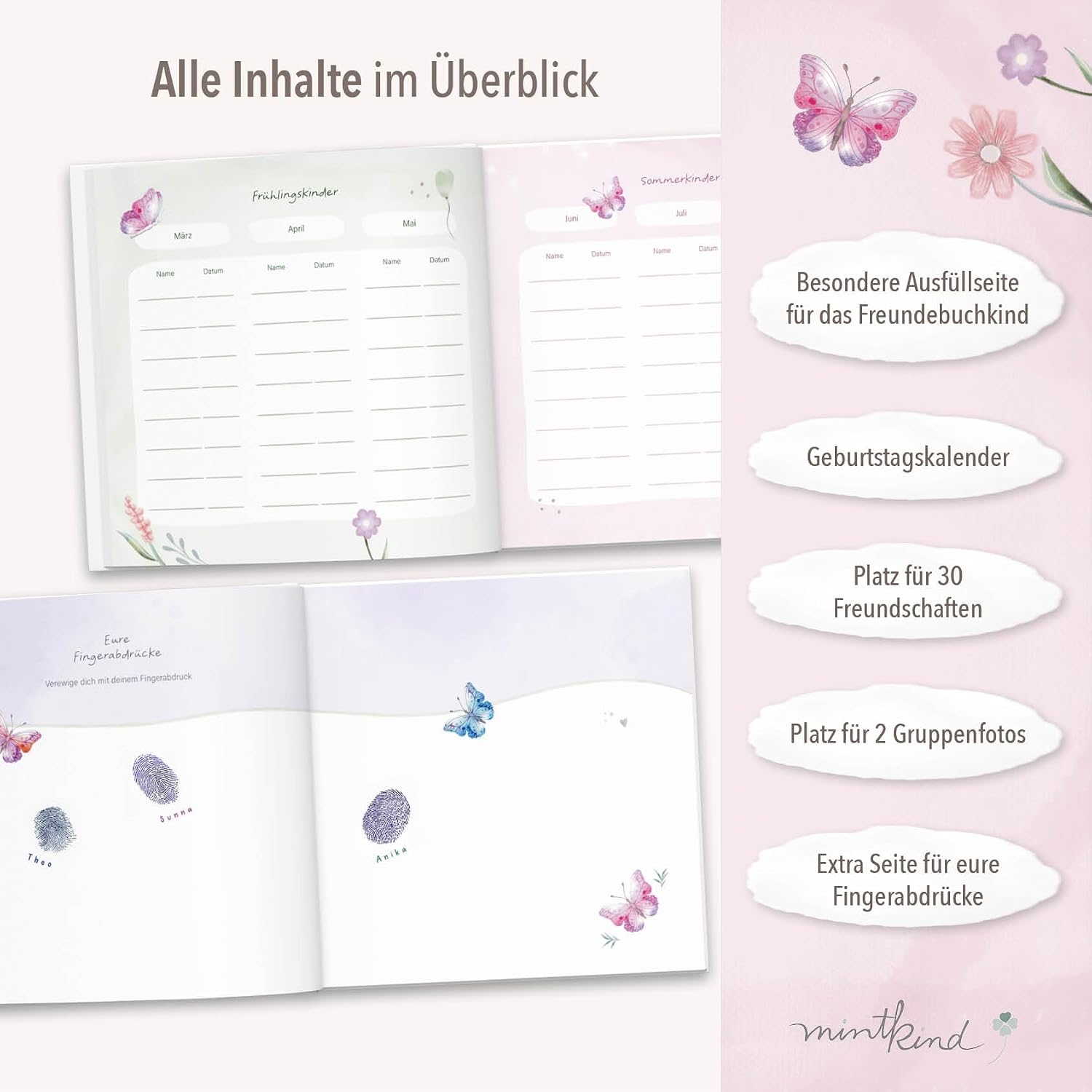 Detalle de mintkind Schulfreundebuch Blumen 21x21 cm Hardcover – Platz für 30 Freunde, dickes 150 g Papier, Geburtstagskalender und Extras
