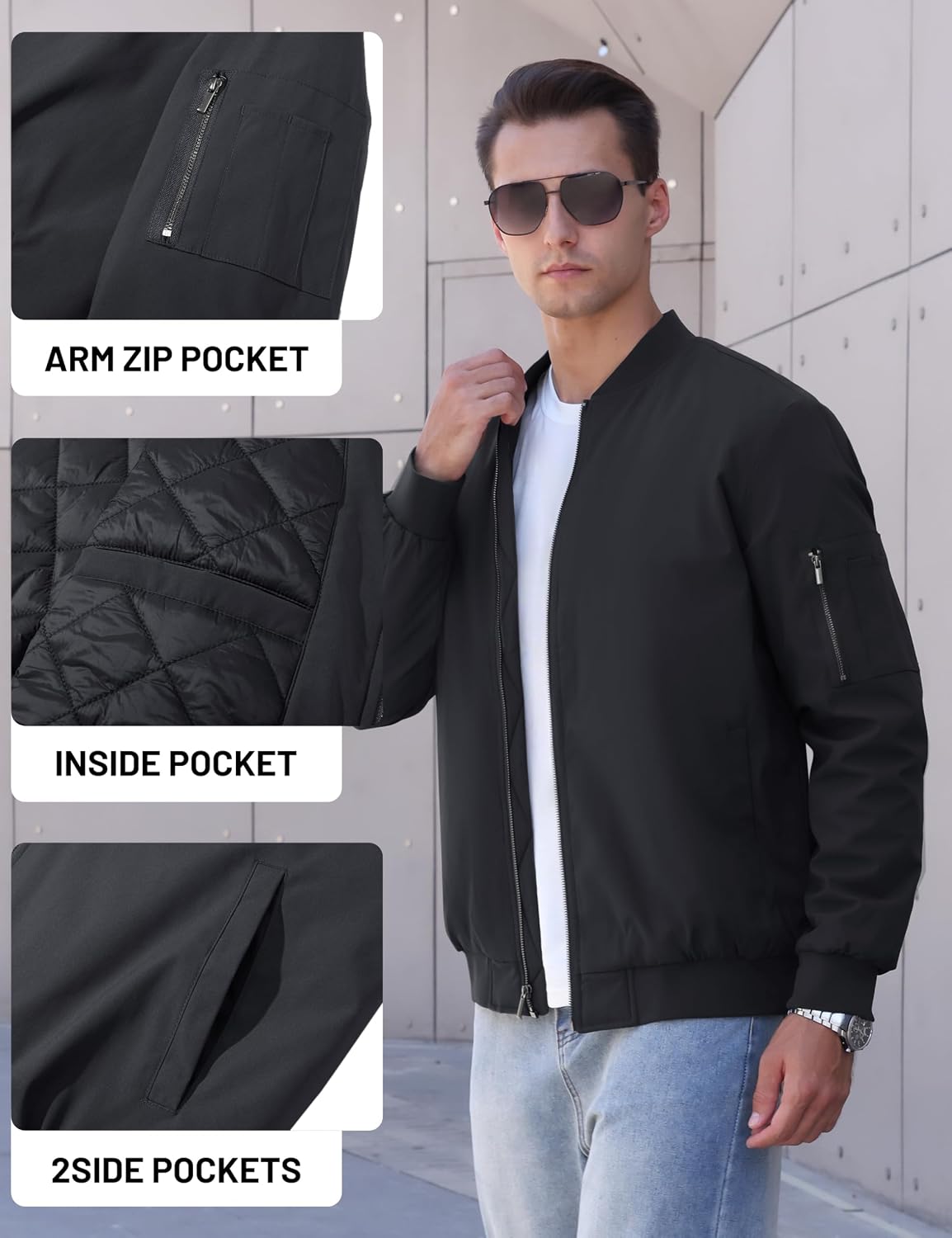 Detalle 1 de TACVASEN WSTACV-1076-Black-M Men's Quilted Bomber Jacket, Water-Resistant