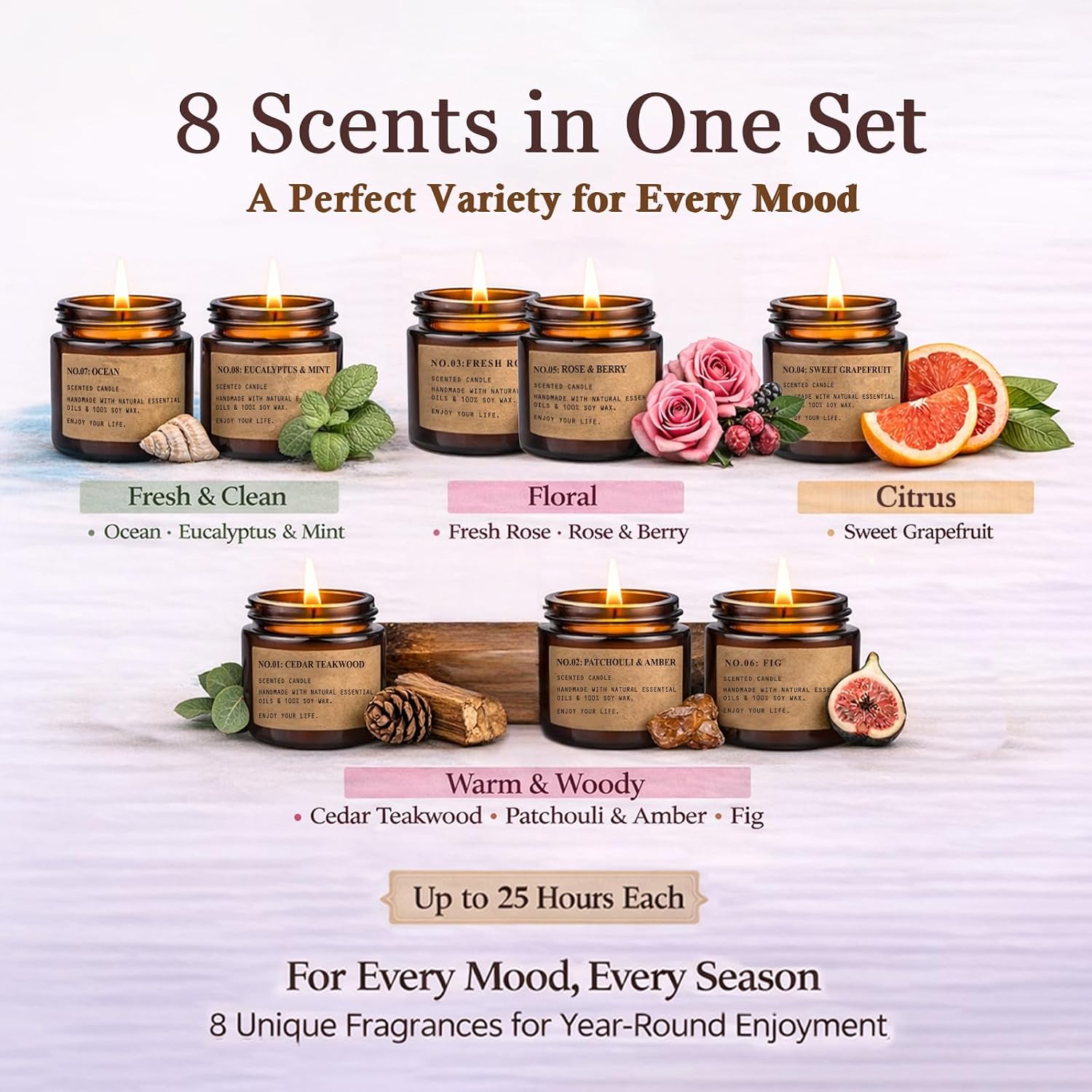 Detalle de Scented Candles for Home: 8-Pack Soy Wax Gift Set in Vintage Amber Jars