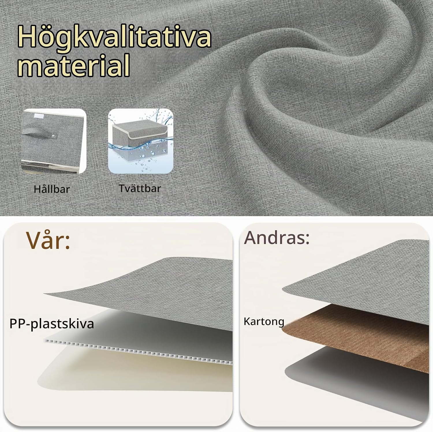 Detalle de ENUMAIL förvaringslådor med lock, handtag och tyg i grått, 3-pack, 38 × 25 × 25 cm