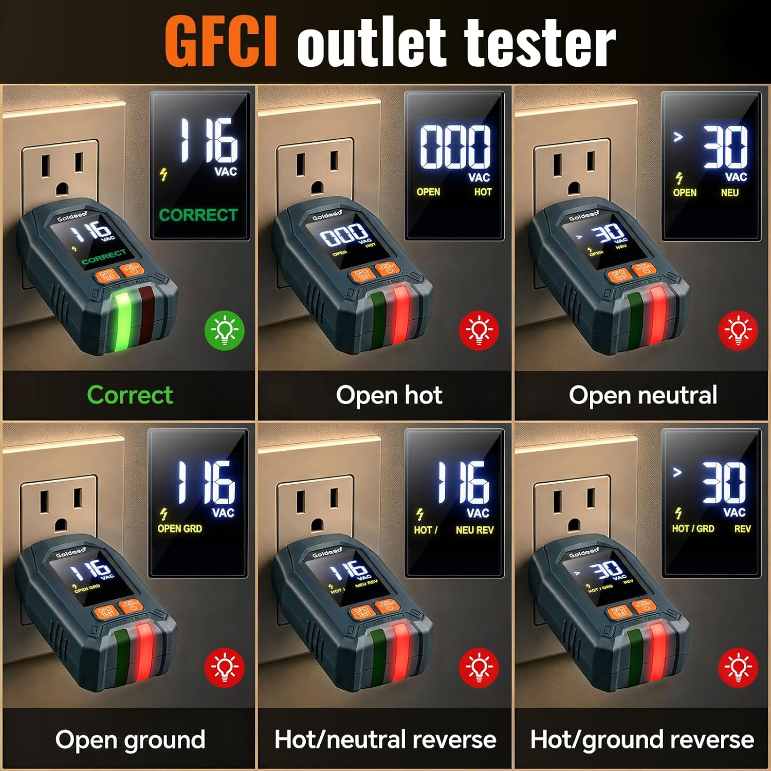 Detalle 2 de Goldeep Circuit Breaker Finder and GFCI Tester, LCD, NCV, 90-135V