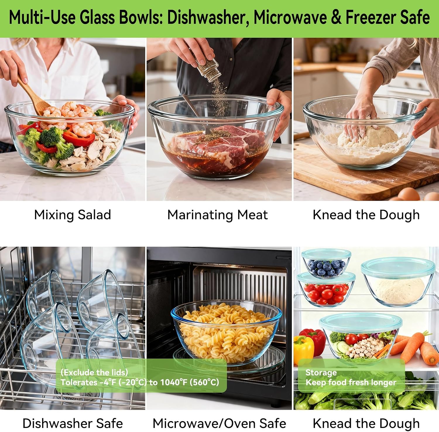Detalle 2 de YUANYE 5 Pack Glass Mixing Bowls with Lids Set (5/2.5/1.5/0.9/0.6QT) with Nesting Design