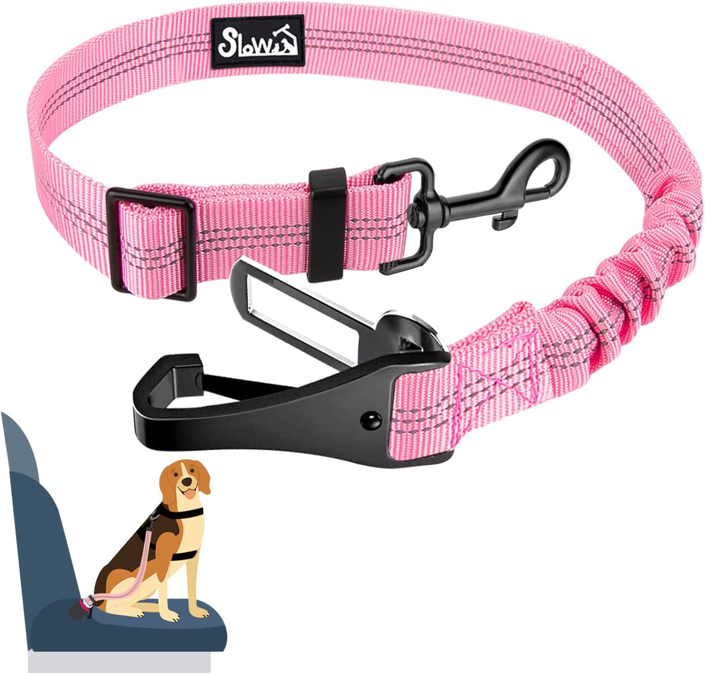 Detalle de Eyein Hunde-Sicherheitsgurt für Auto (3-in-1, reflektierend, 90 cm) – verstellbar mit elastischer Ruckdämpfung, Rosa