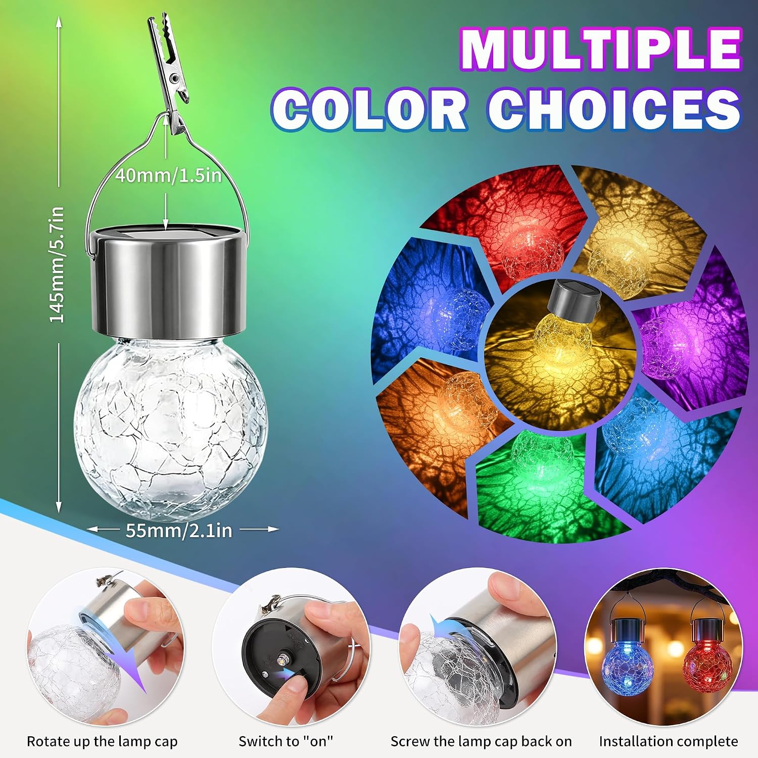 Thumbnail 1 de Innvist 8-Pack Outdoor Hanging Solar Lights: Multi-Colour Crackled Glass, IP65, Battery-Powered Ambience